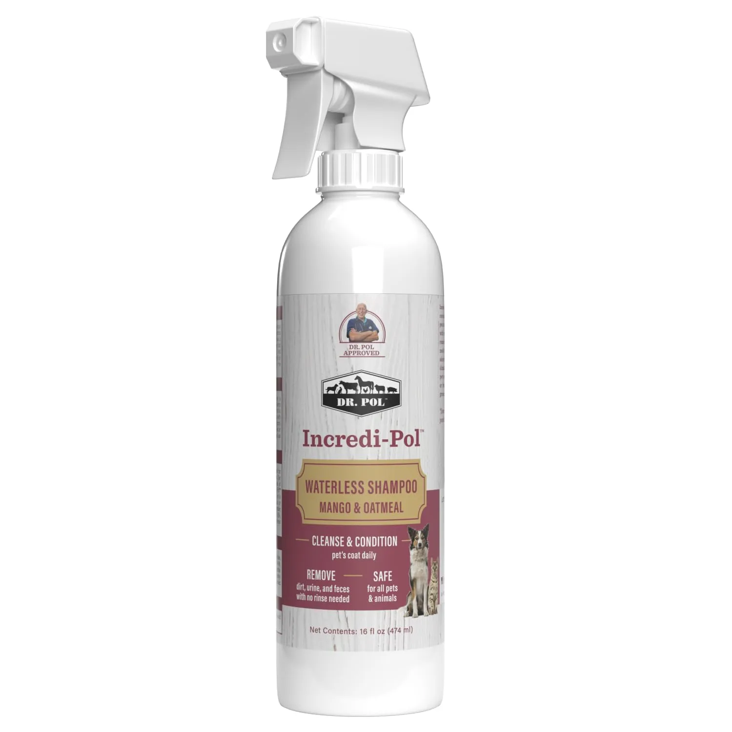 Dr. Pol Incredi-Pol Waterless Shampoo | Waterless Dog Shampoo & No-Rinse Pet Cleanser | Rinse Free Dog Shampoo for Smelly Dogs | Safe for All Pets & Animals | Mango/Oatmeal | 16 oz