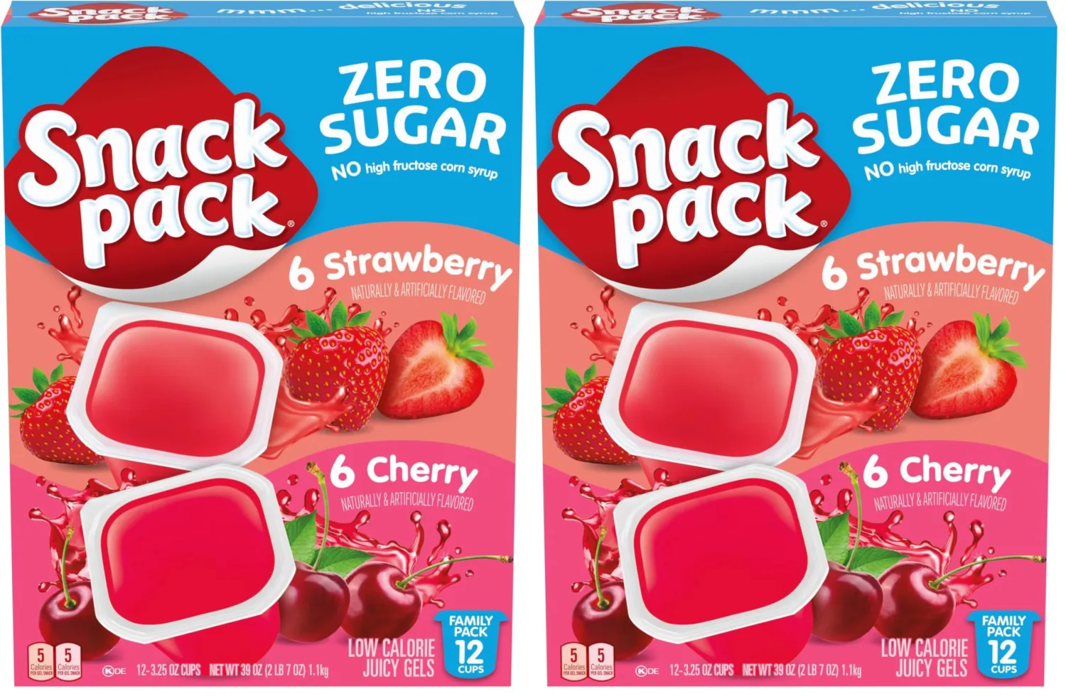 Snack Pack Zero Sugar Strawberry and Cherry Flavored Low Calorie Juicy Gels Cups, 3.25 oz., 12-Count Family-Pack (Pack of 2)