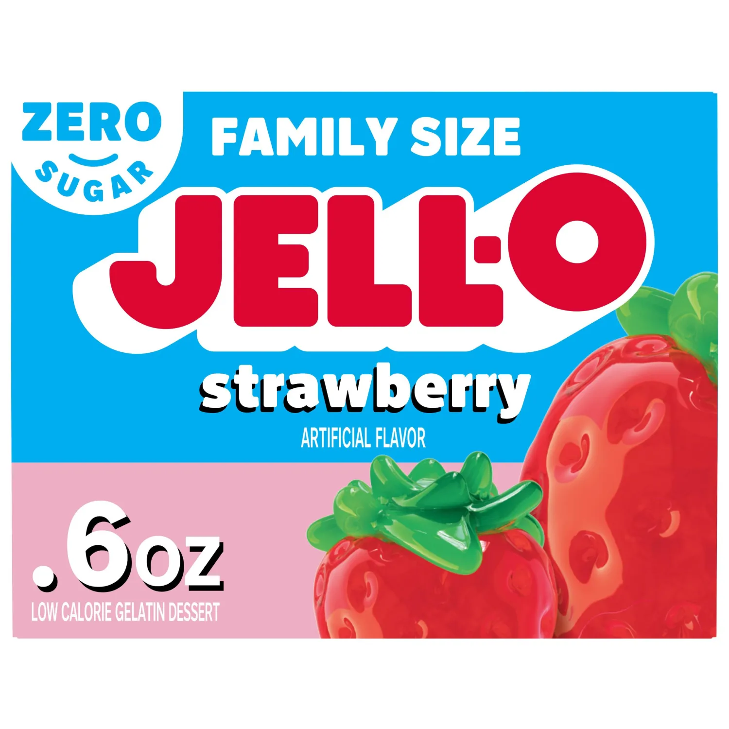 Jell-O Strawberry Zero Sugar Low Calorie Gelatin Dessert Mix, Family Size, 0.6 oz Box