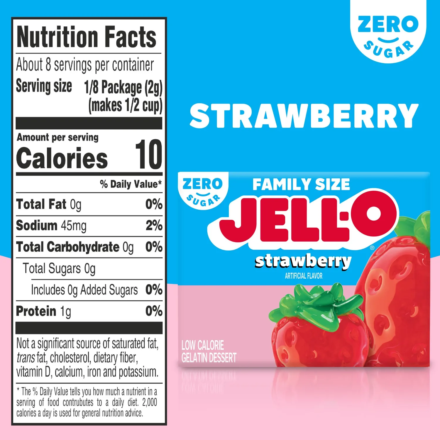 Jell-O Strawberry Zero Sugar Low Calorie Gelatin Dessert Mix, Family Size, 0.6 oz Box