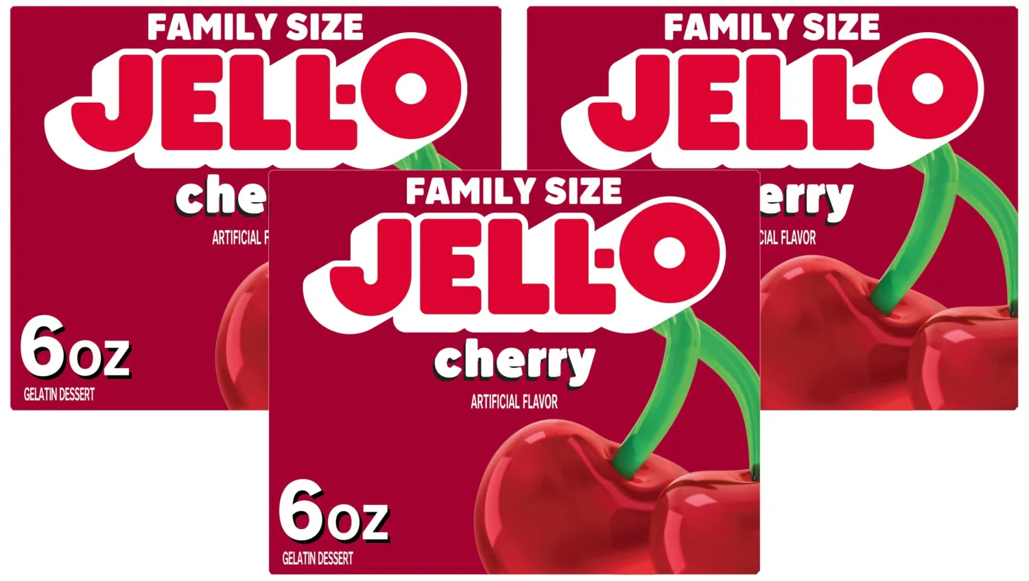 Jell-O Cherry Gelatin Dessert Mix, Family Size, 6 oz Box (Pack of 3)