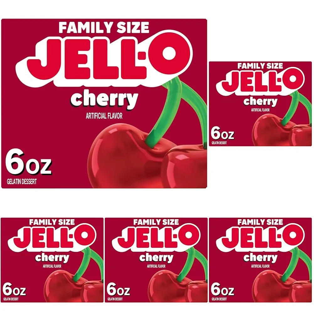 Jell-O Cherry Gelatin Dessert Mix, Family Size, 6 oz Box (Pack of 5)