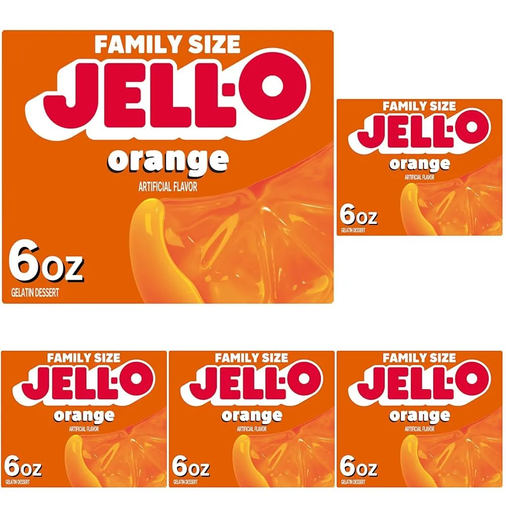 Jell-O Orange Gelatin Dessert Mix, Family Size Box, 6 oz (Pack of 5)