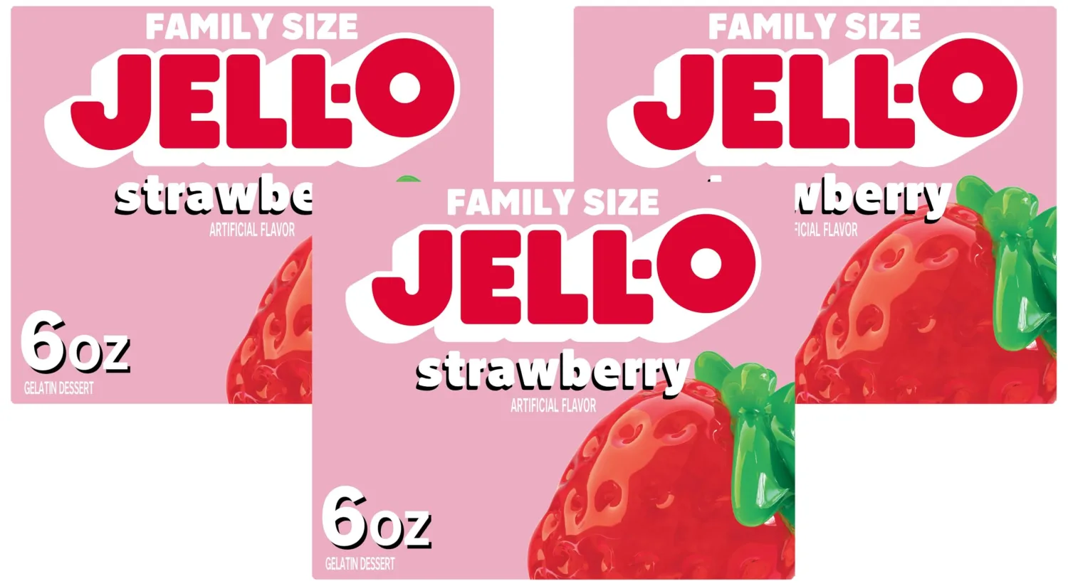 Jell-O Strawberry Gelatin Dessert Mix, Family Size, 6 oz Box (Pack of 3)