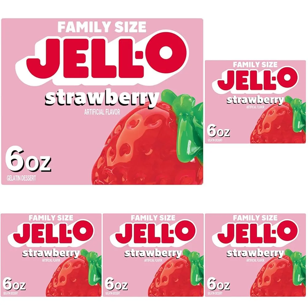 Jell-O Strawberry Gelatin Dessert Mix, Family Size, 6 oz Box, (Pack of 5)