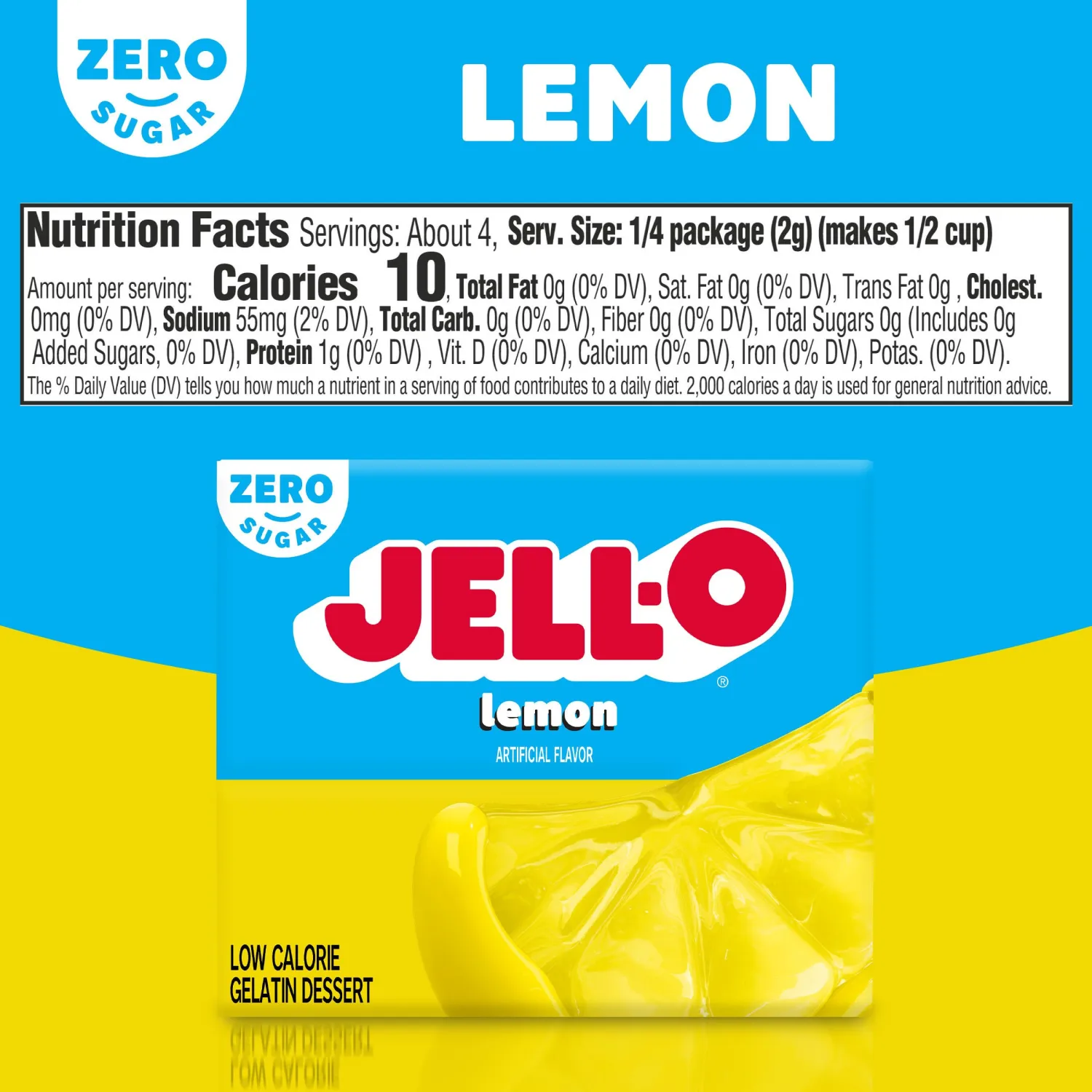 Jell-O Lemon Zero Sugar Gelatin Dessert Mix, 0.3 oz Box