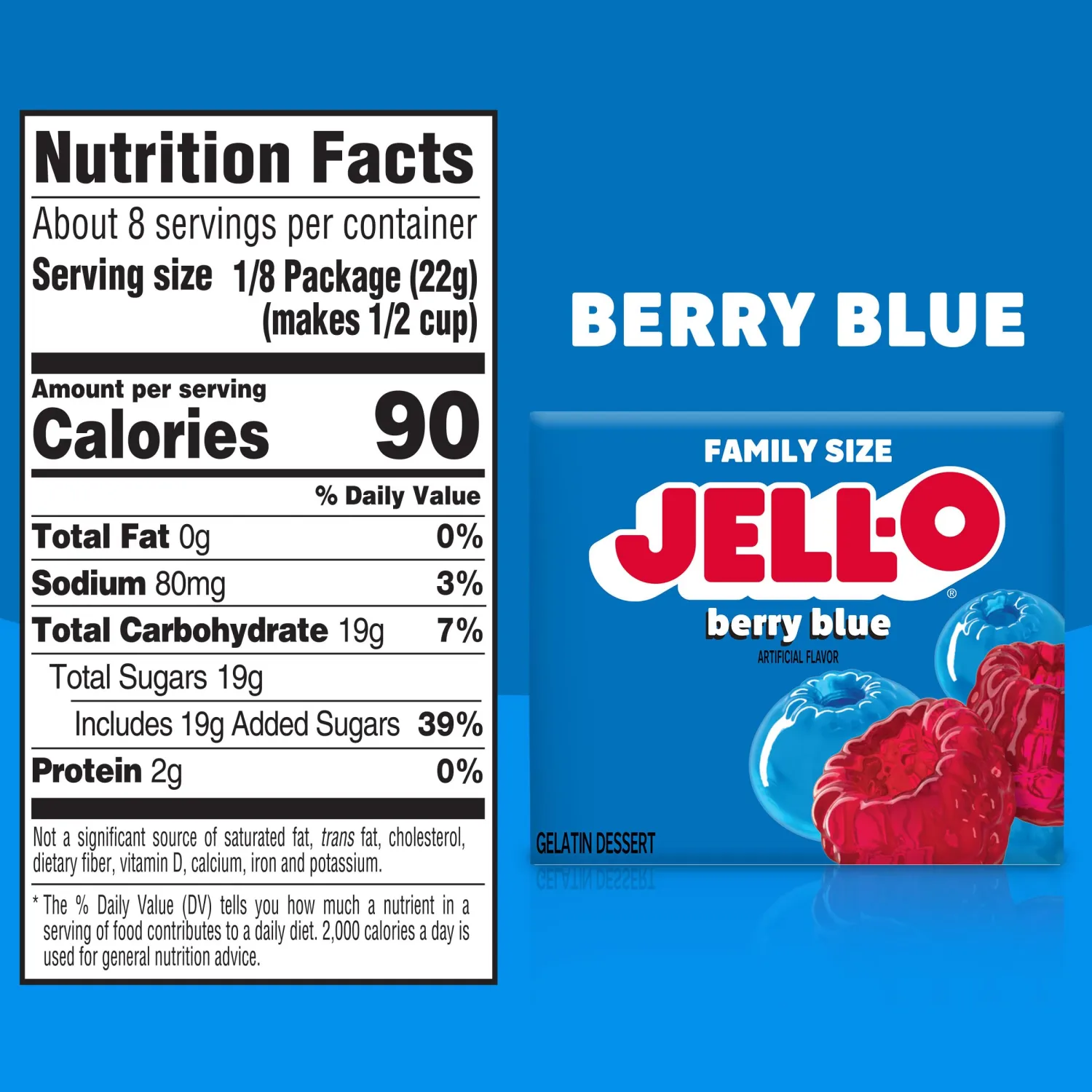Jell-O Berry Blue Gelatin Dessert Mix, Family Size, 6 oz Box