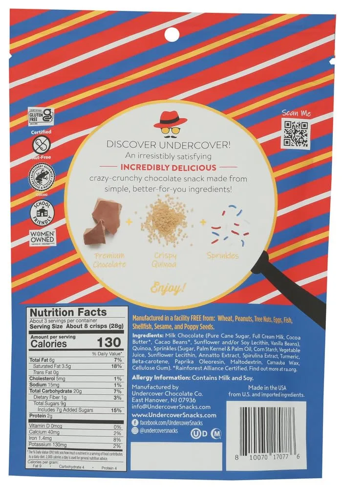 Undercover Chocolate Co Milk Chocolate & Sprinkles Quinoa Crisps, 3 OZ