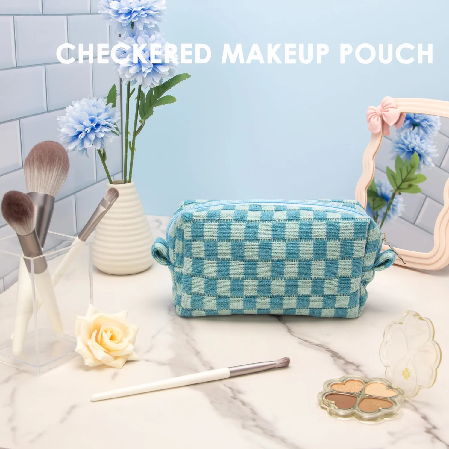 PAZIMIIK Checkered Makeup Bag for Purse Portable Zipper Make Up Pouch Small Cosmetic Case for Travel Accessories Lake Blue