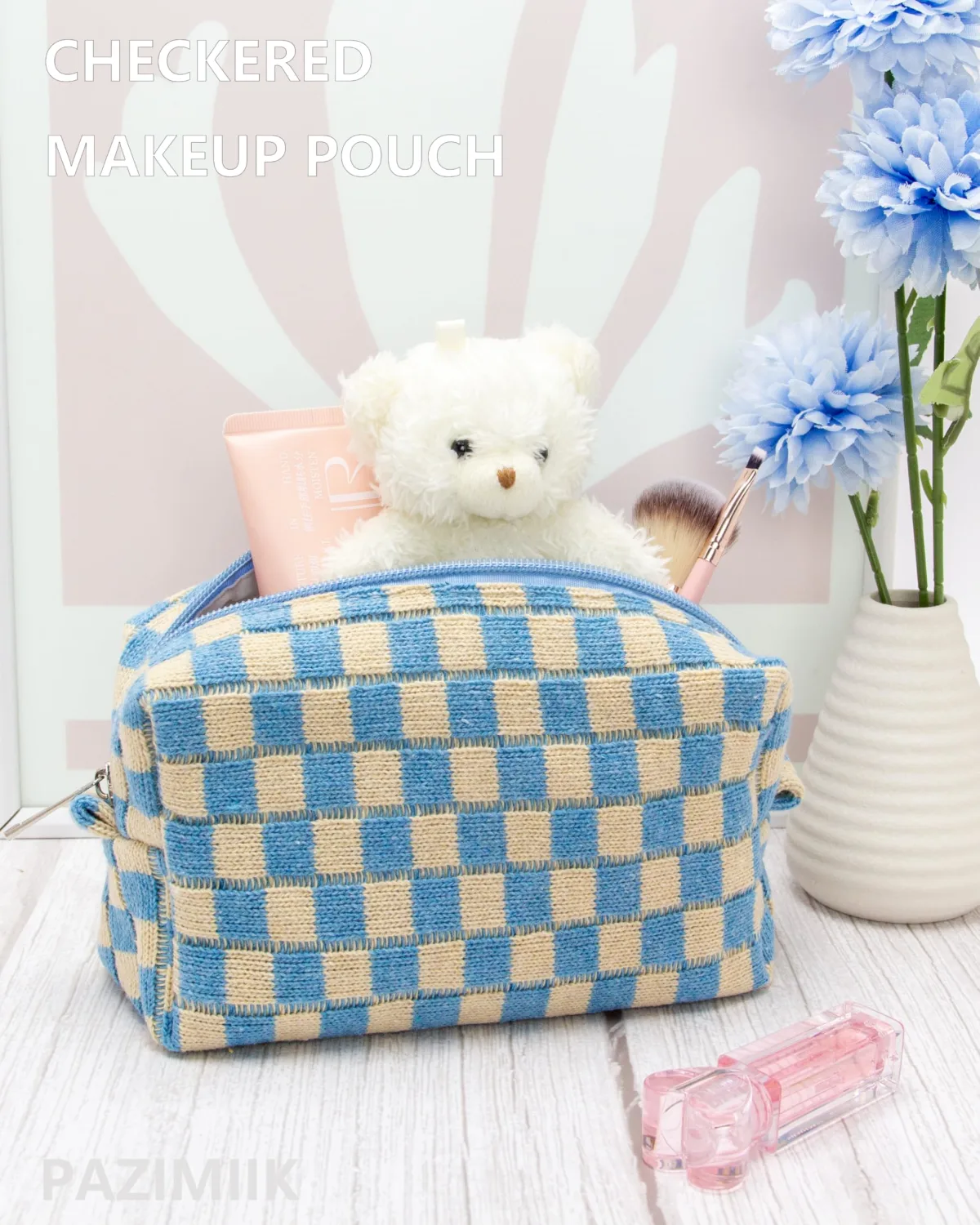 PAZIMIIK 2PCS Checkered Makeup Bag for Purse Portable Zipper Make Up Pouch Small Cosmetic Case for Travel Accessories Blue Beige