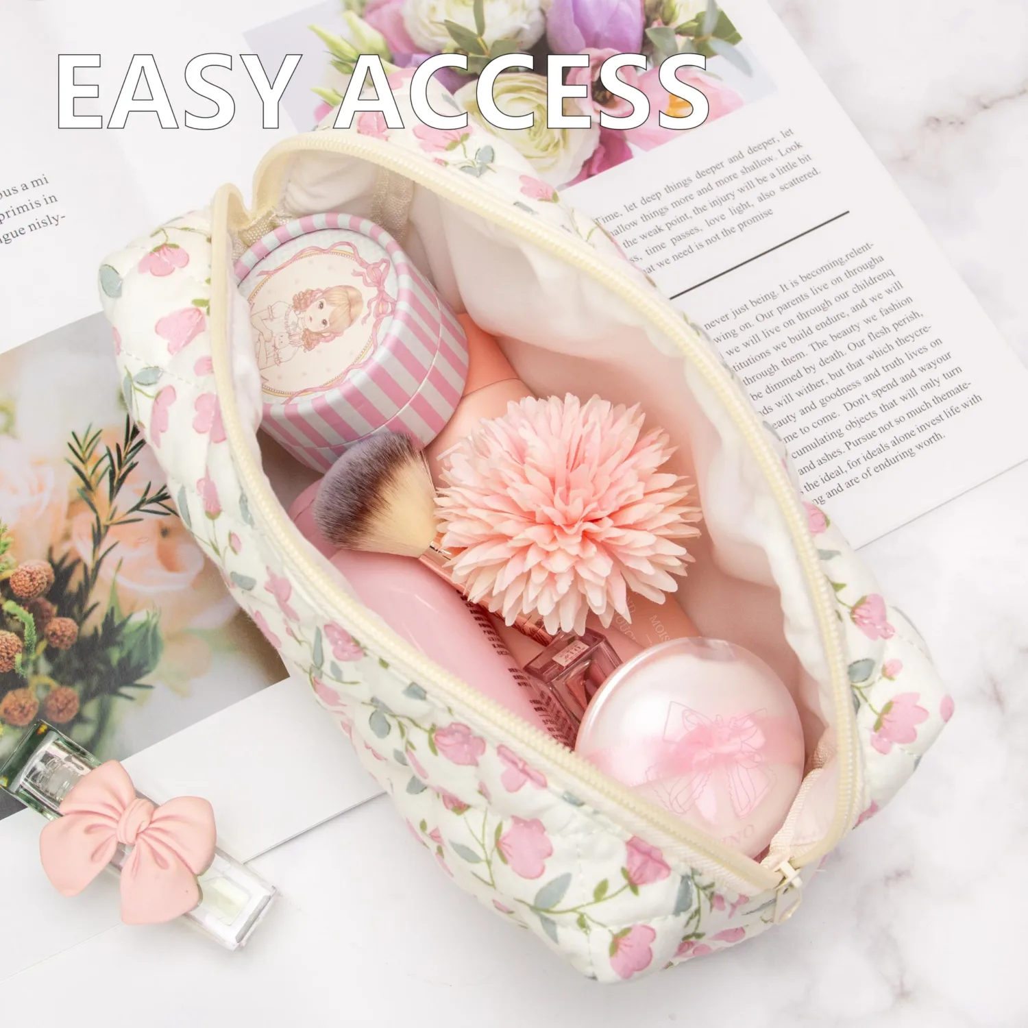 PAZIMIIK 2PCS SET Vintage Quilted Makeup Bag Cosmetic Pouch for Brushes Pencils and Travel Make Up Accessories for Women and Girls Flower White