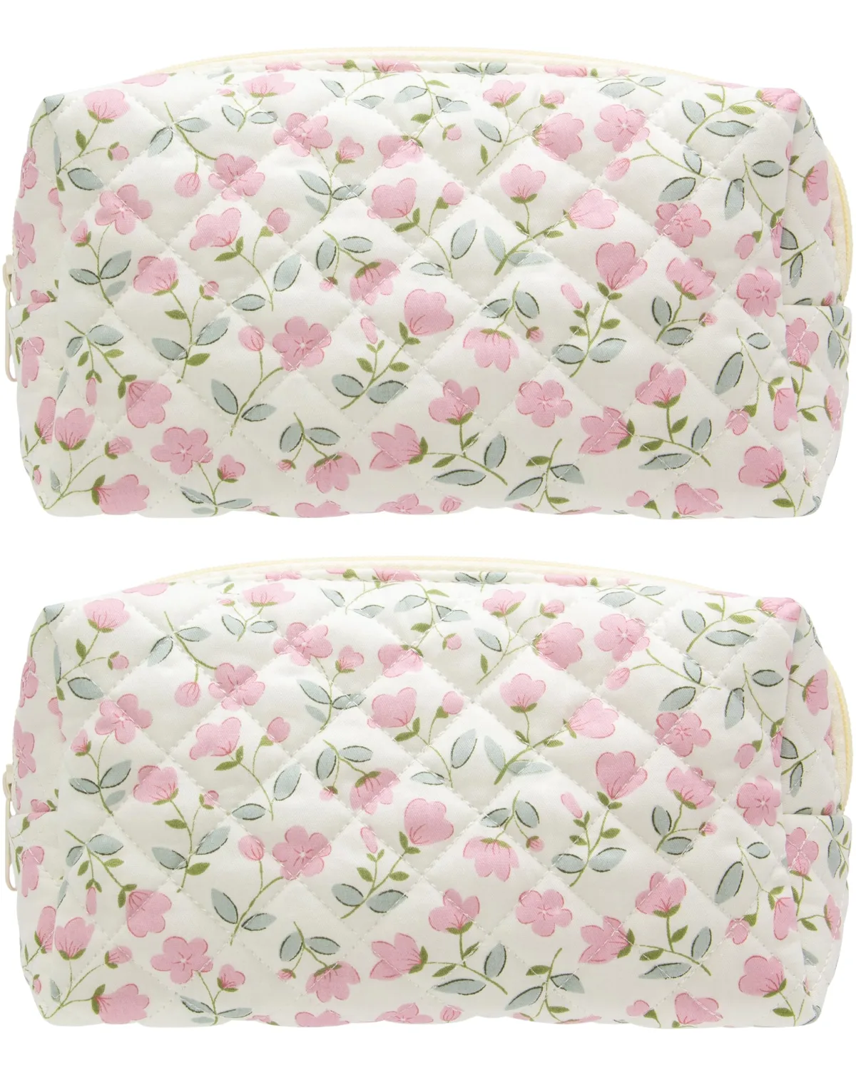 PAZIMIIK 2PCS SET Vintage Quilted Makeup Bag Cosmetic Pouch for Brushes Pencils and Travel Make Up Accessories for Women and Girls Flower White