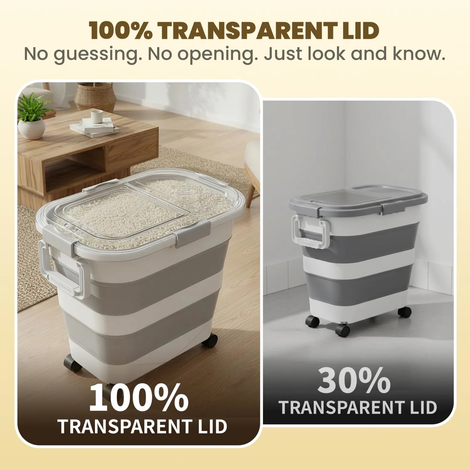 25-35Lbs Rice Container,Collapsible Food Storage Containers with Transparent Airtight Lid,Wheels,Rice Storage Container with Small Bin and Scoop,Rice Dispenser for Flour Sugar Cereal Grain Dog Cat