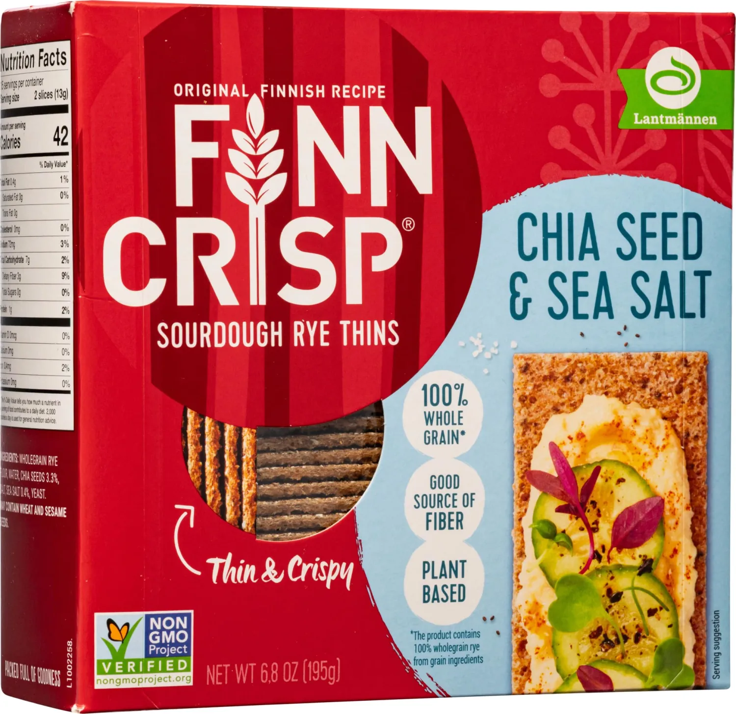 Finnish Crisp Imported Sourdough Rye Crispbread Thins with Chia Seeds & Sea Salt, Original Nordic Recipe, Thin & Crispy Whole Grain Rye Crackers, High Fiber Plant Based Vegan Flatbread Crisps, Non GMO Kosher, 6.8 oz (195g)