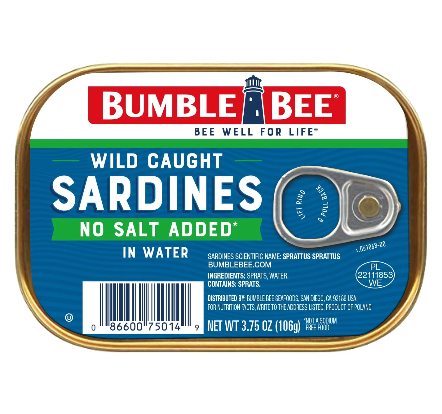 Bumble Bee Sardines in Water with No Salt Added, 3.75 oz Tin - Wild Caught, Gluten Free, Keto, Kosher, Clean Ingredients
