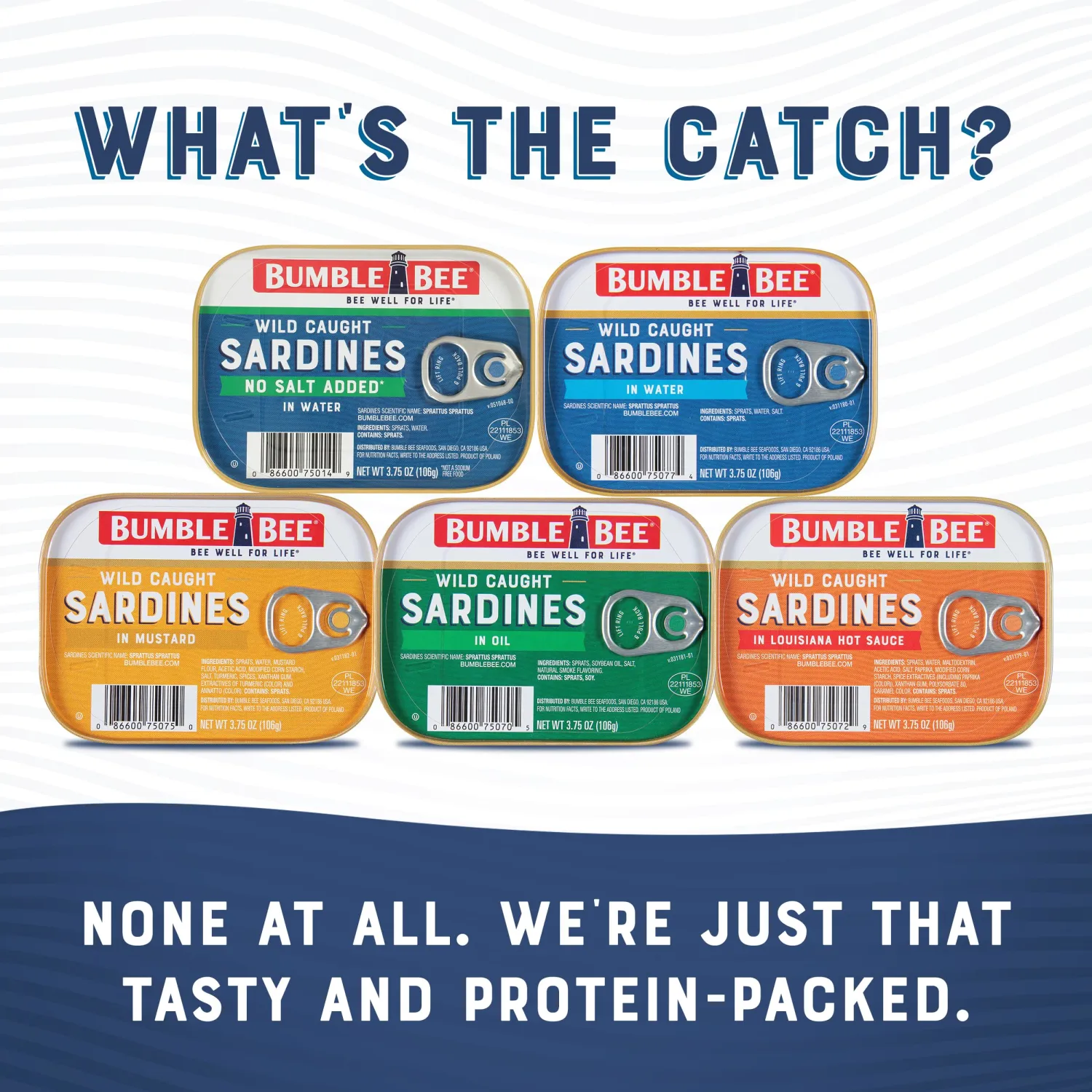 Bumble Bee Sardines in Water with No Salt Added, 3.75 oz Tin - Wild Caught, Gluten Free, Keto, Kosher, Clean Ingredients