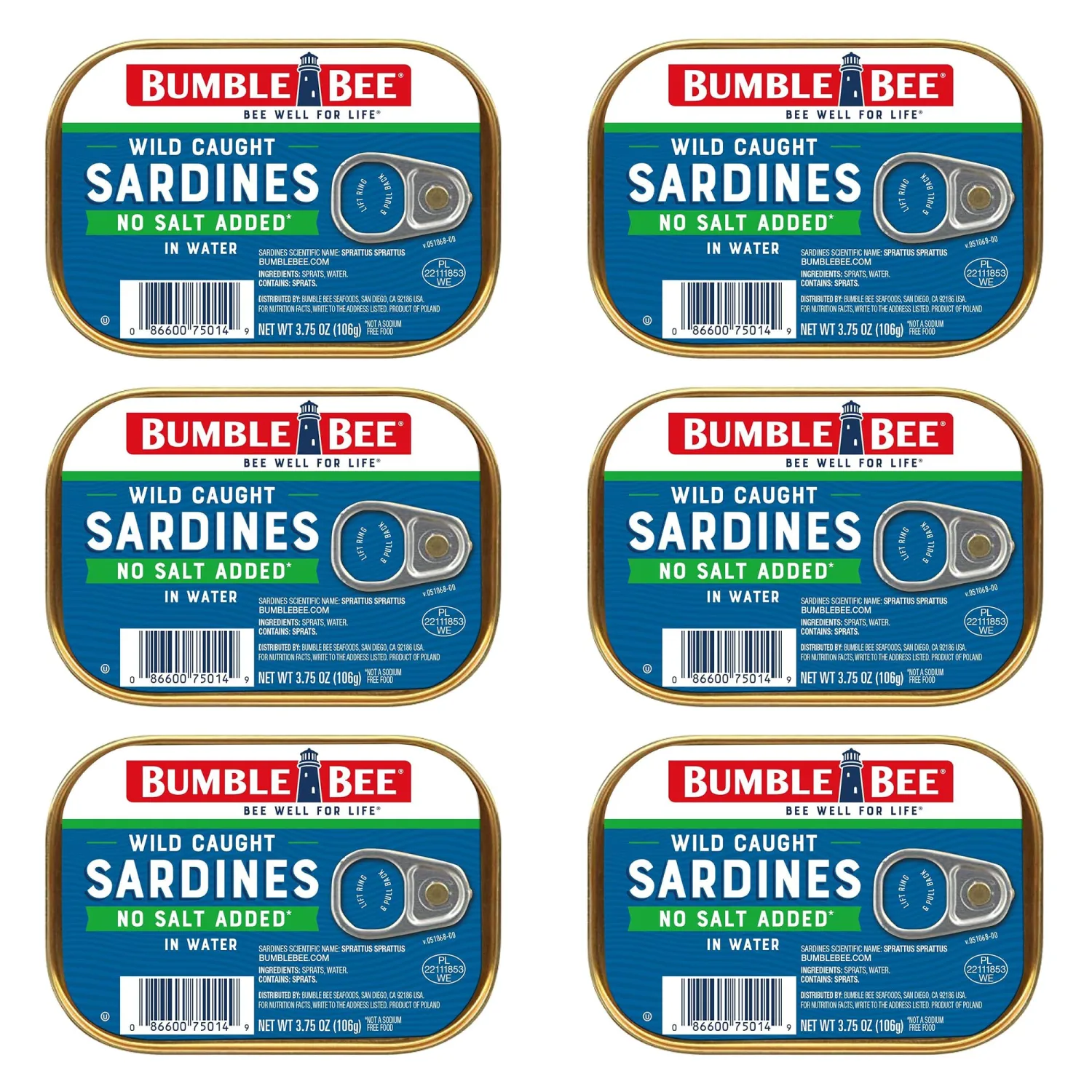 Bumble Bee Sardines in Water with No Salt Added, 3.75 oz Tin - Wild Caught, Gluten Free, Keto, Kosher, Clean Ingredients (Pack of 6)