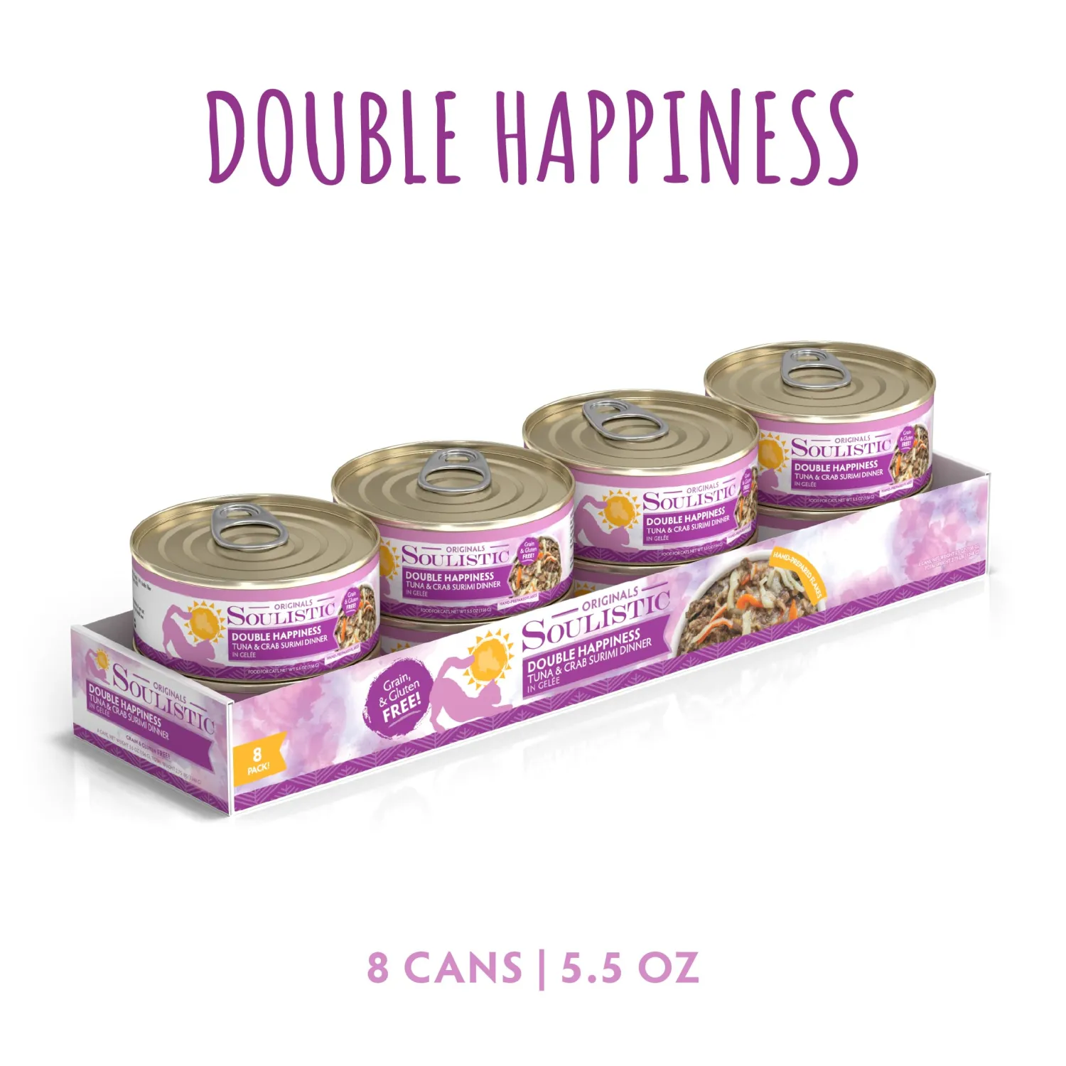 Soulistic Originals Wet Cat Food, Double Happiness Tuna and Crab Surimi Dinner in Gelée, 5.5oz Can, Pack of 8