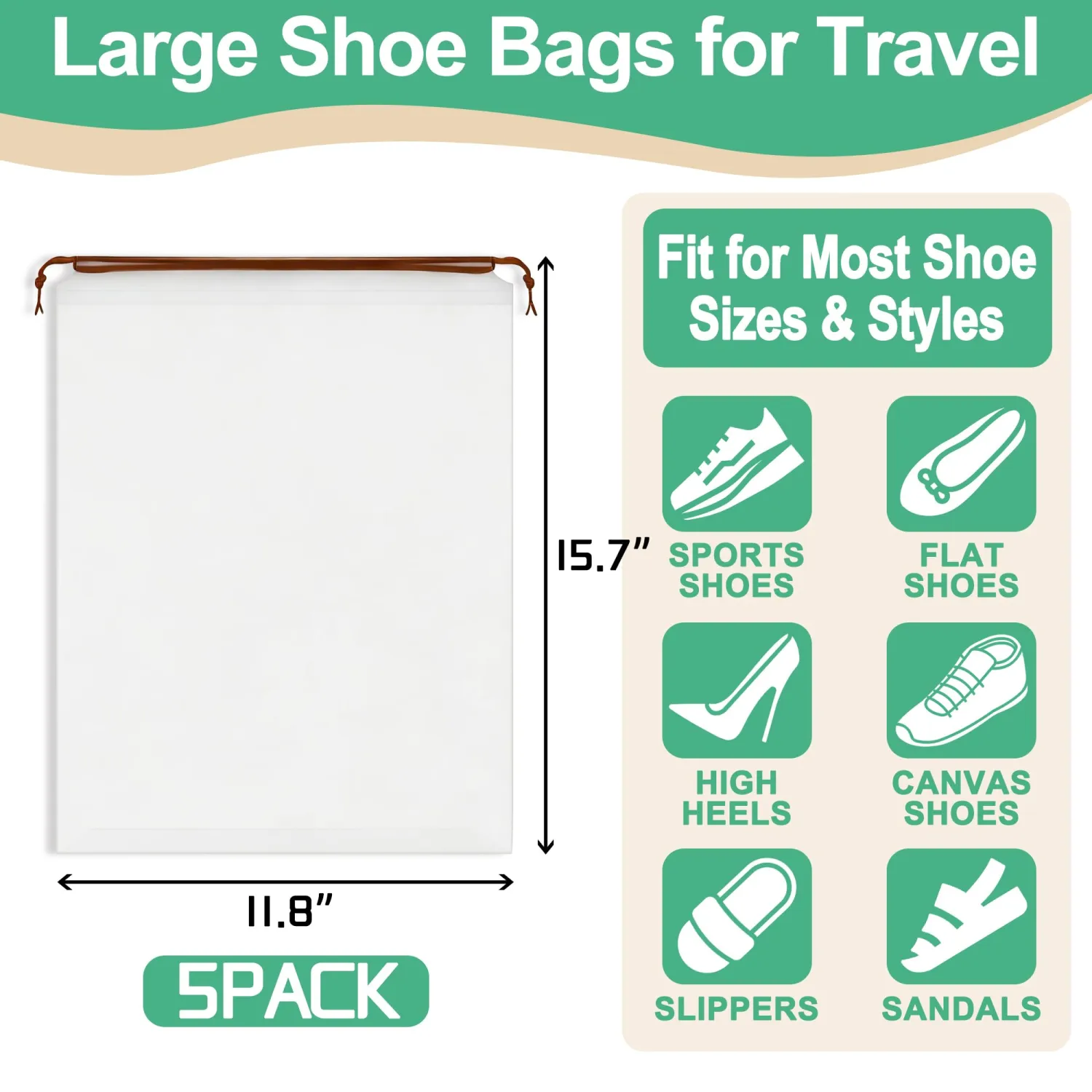 KLASIT Shoe Bags for Travel,Large Waterproof Portable Drawstring Clear Shoe Bags,Travel Essentials for Men and Women,15.7 x 11.8 inches, 5 PACK
