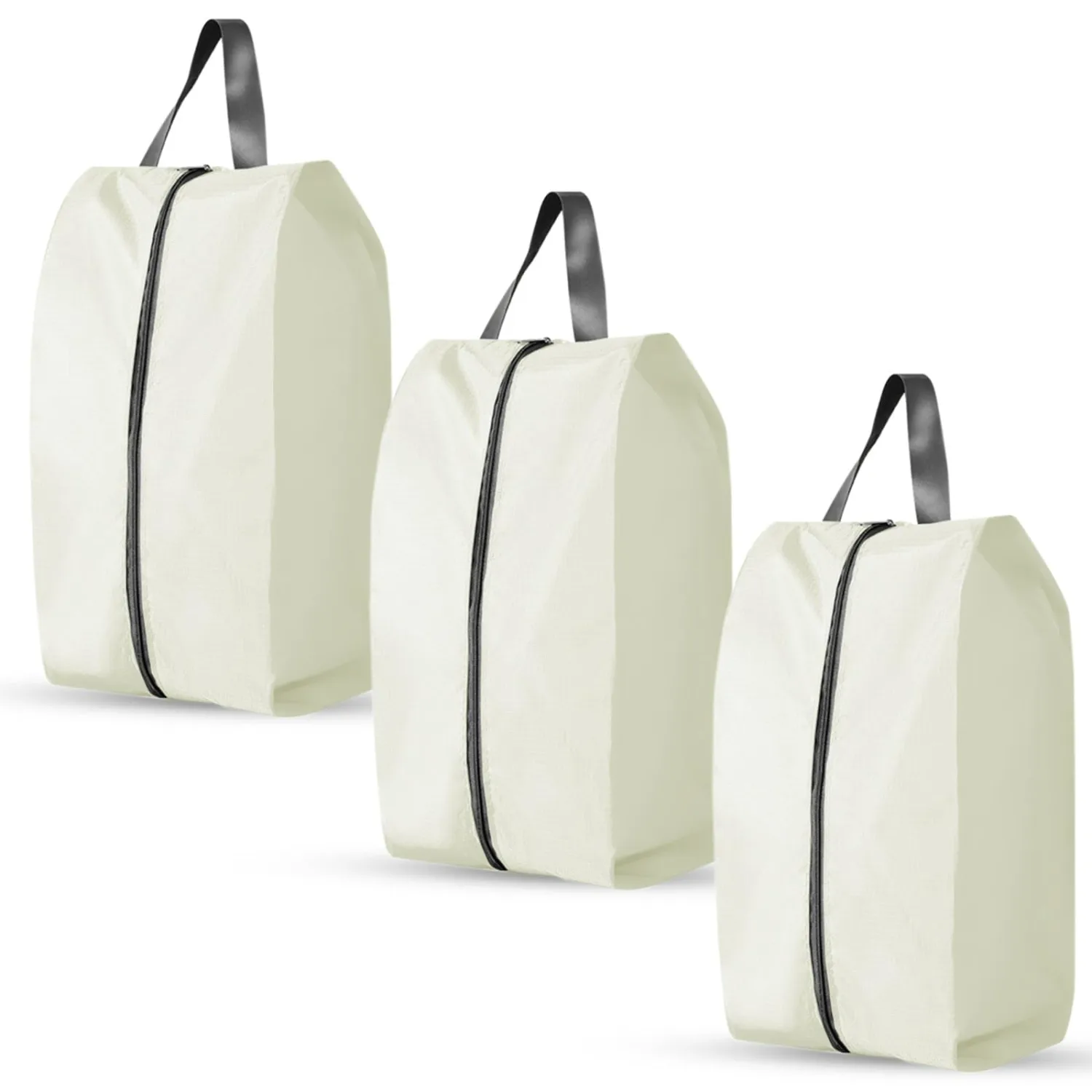3 Pack Folding Shoe Bags for Travel with Zipper Closure, Waterproof Shoe Storage Bag with Handle, Washable Shoe Organizers Packing Cubes for Gym Women Men (Cream)