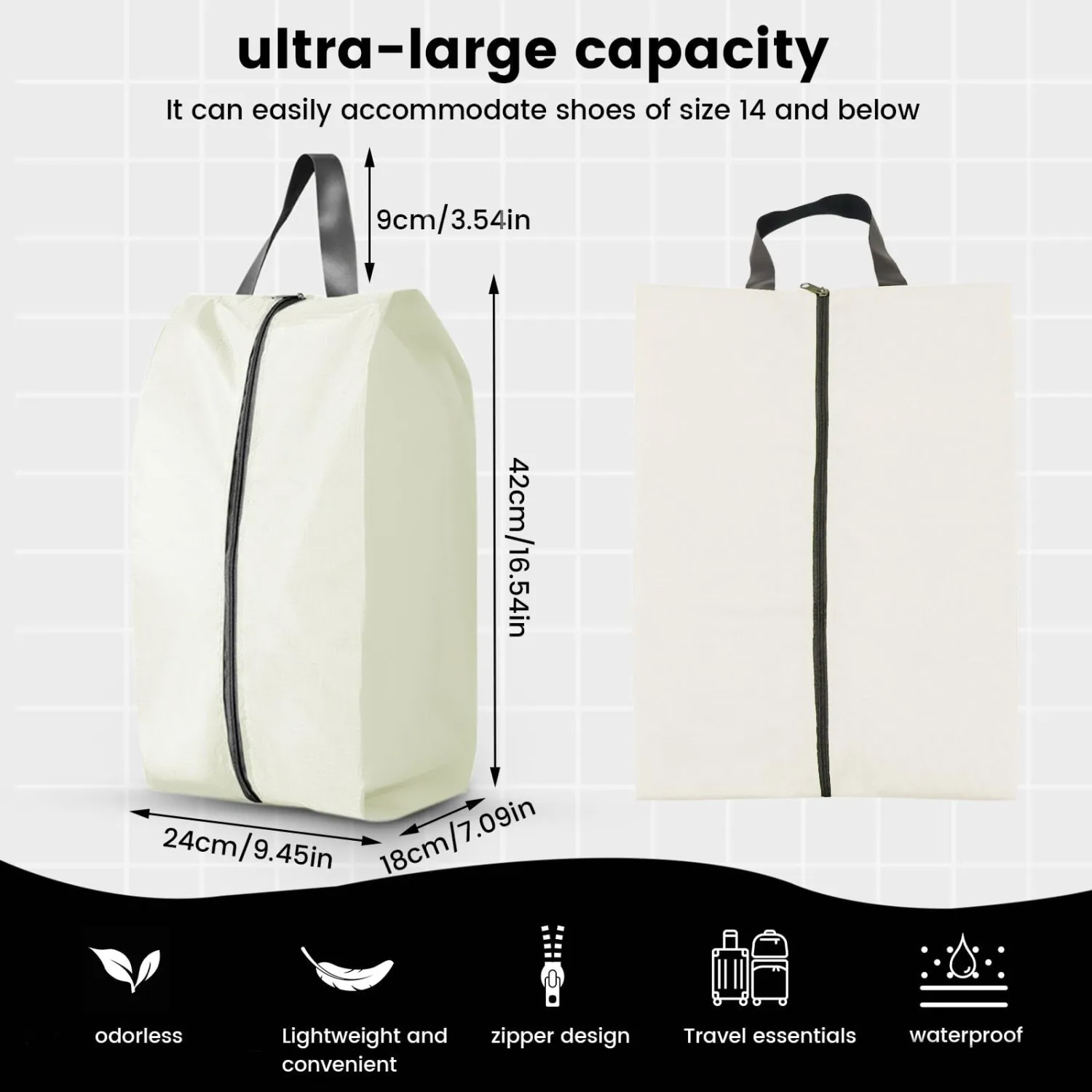 3 Pack Folding Shoe Bags for Travel with Zipper Closure, Waterproof Shoe Storage Bag with Handle, Washable Shoe Organizers Packing Cubes for Gym Women Men (Cream)