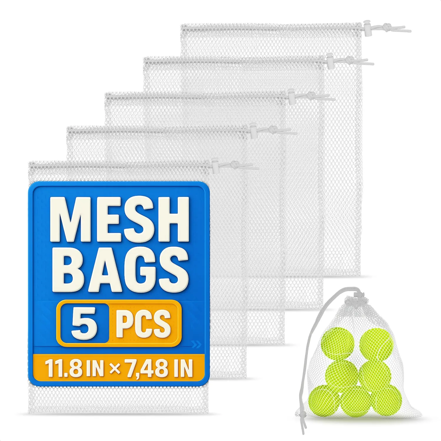 5 PCs Mesh Laundry Bags Drawstring – Small Mesh Bag White 11.8 x 7.48" – Multipurpose Nylon Net Bags with Tight Closure for Storing Balls, Clothes, Sports Gear at Gym, Beach, Laundry, & Travel Use