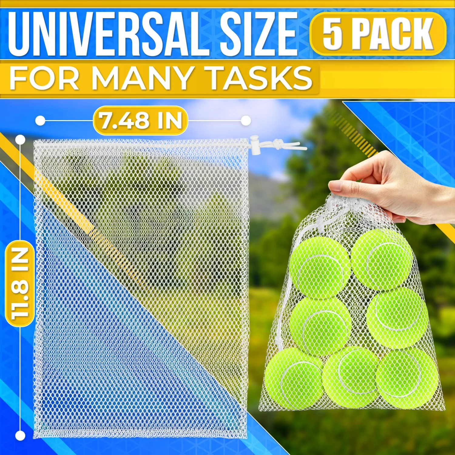 5 PCs Mesh Laundry Bags Drawstring – Small Mesh Bag White 11.8 x 7.48" – Multipurpose Nylon Net Bags with Tight Closure for Storing Balls, Clothes, Sports Gear at Gym, Beach, Laundry, & Travel Use