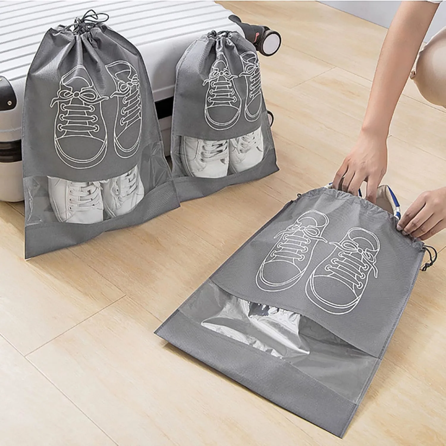 Shoe Bags for Travel with Clear Window -6 Pcs Navy Blue Non-Woven Travel Shoe Storage Bags with Rope, Dustproof Shoes Packing Pouch JSBG5
