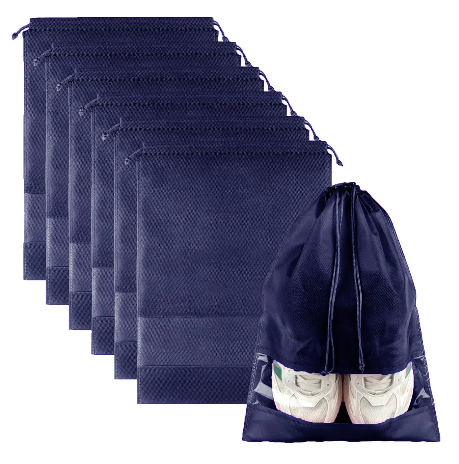 Shoe Bags for Travel with Clear Window -6 Pcs Navy Blue Non-Woven Travel Shoe Storage Bags with Rope, Dustproof Shoes Packing Pouch JSBG5