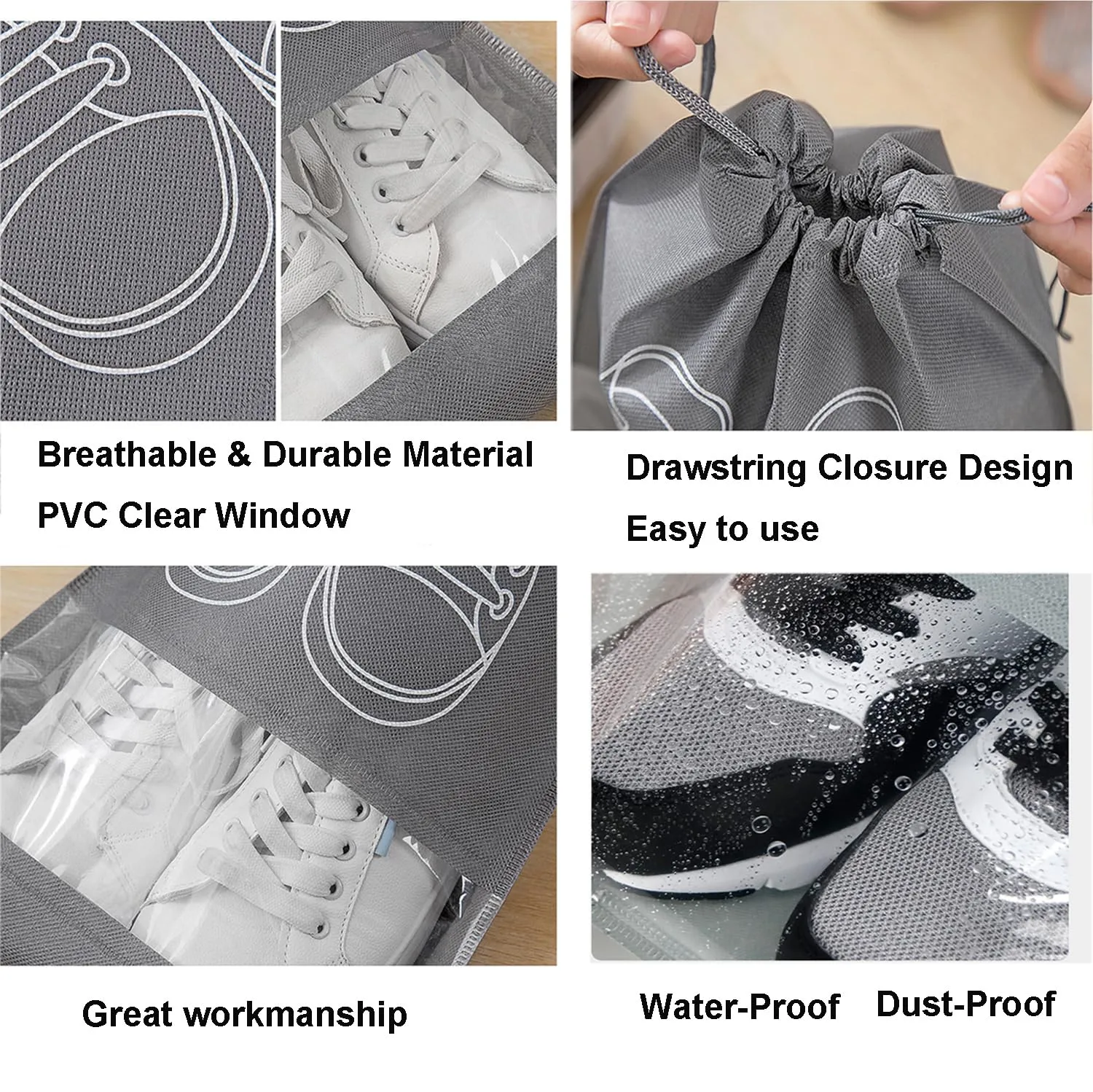 Shoe Bags for Travel with Clear Window -6 Pcs Navy Blue Non-Woven Travel Shoe Storage Bags with Rope, Dustproof Shoes Packing Pouch JSBG5