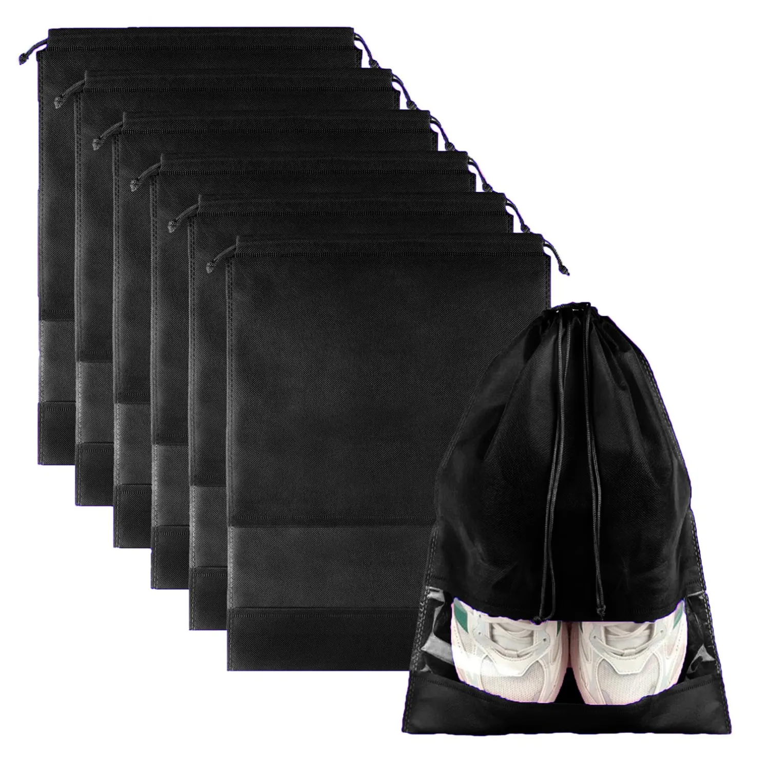 Shoe Bags for Travel with Clear Window -6 Pcs Black Non-Woven Travel Shoe Storage Bags with Rope, Dustproof Shoes Packing Pouch JSBG5