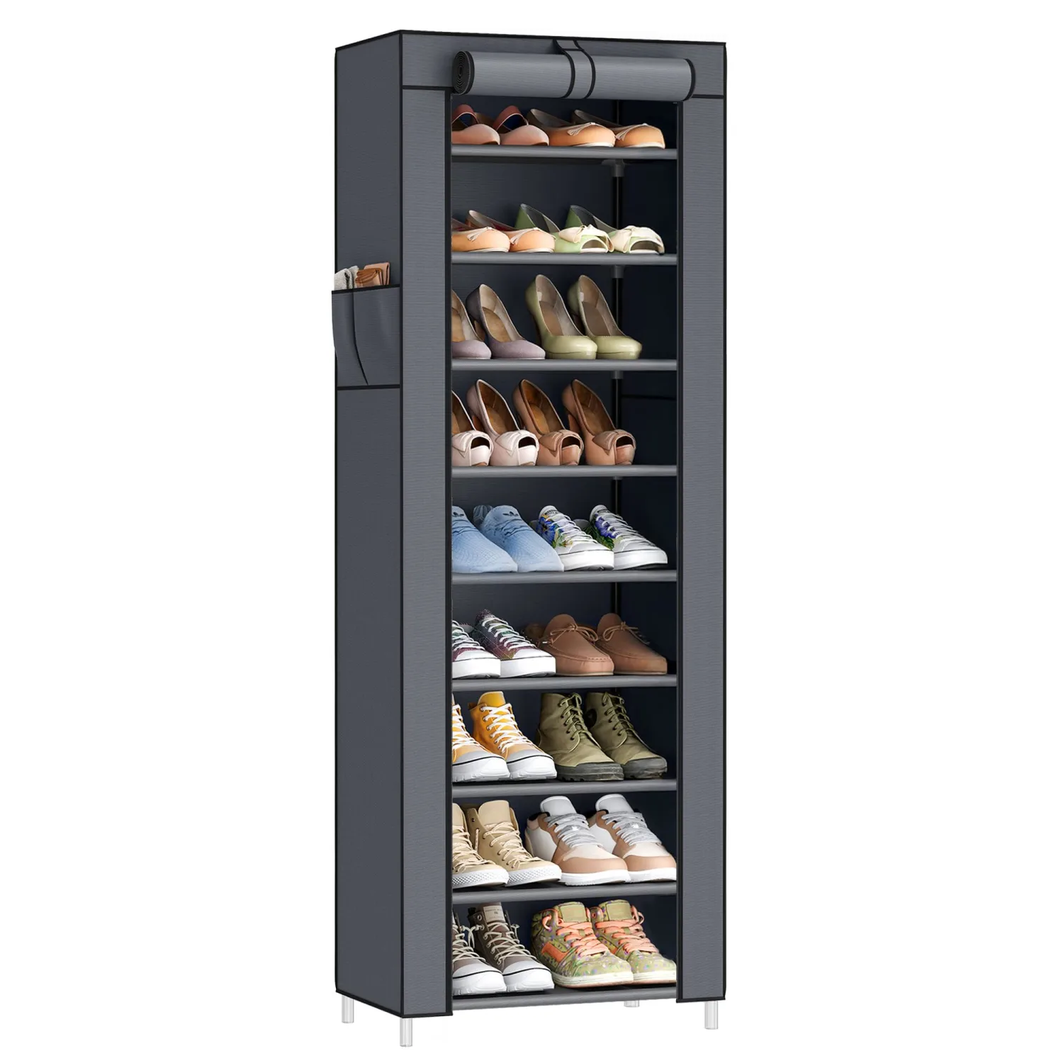 SONGMICS 10-Tier Shoe Rack, Shoe Storage Cabinet with Dustproof Cover, Free-Standing Storage Organizer for Closet, Entryway, Hold 20 Pairs of Shoes, for Sneakers, High Heels, Gray URXJ034GN02