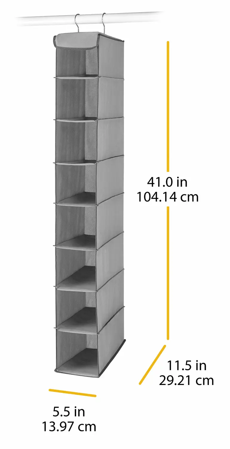 Whitmor Hanging Shoe Organizer, 8 Shelves-Hanging Closet Organizer, Hanging Shoe Rack for Small Closet, Hanging Shelves for Storage Shoes Clothes 11.5" D x 5.5" W x 41" H, Grey