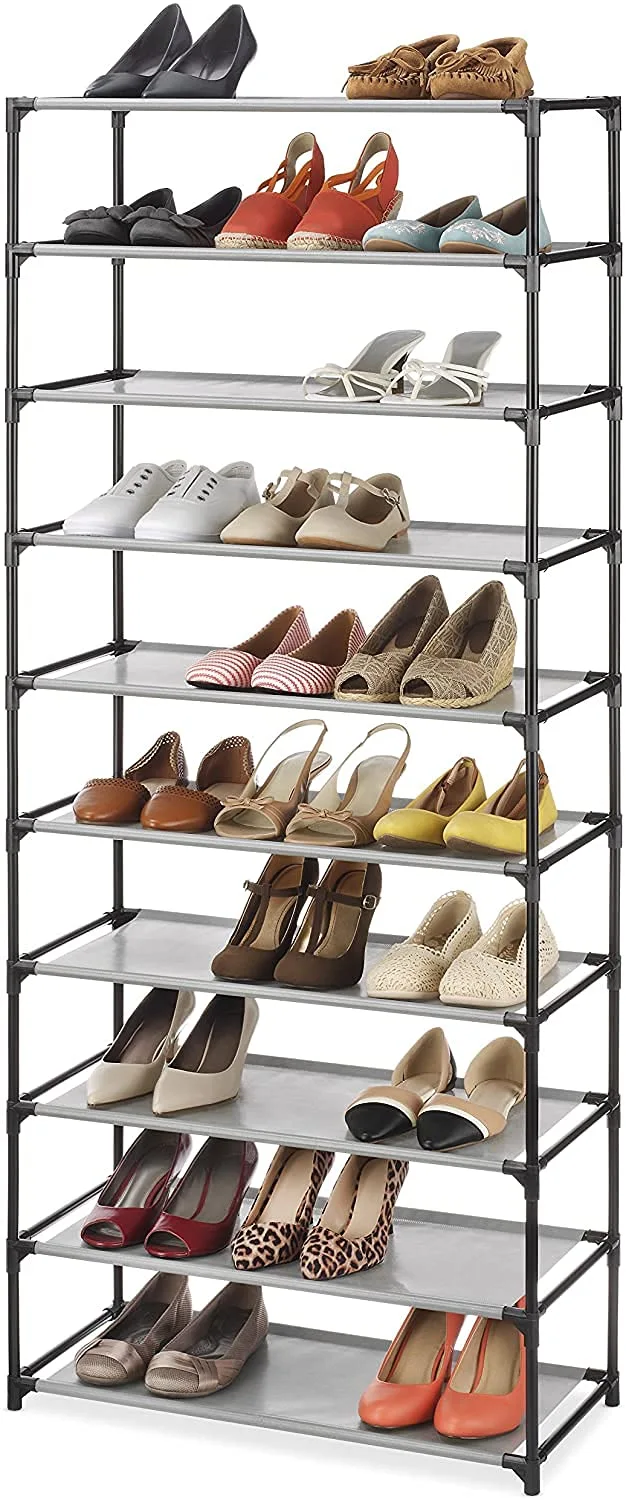 Whitmor Spacemaker 10 Tier Shoe Rack Tower, Tall Metal & Fabric Shoe Shelf Organizer for Entryway, Garage, Holds Shoes, Handbags & Accessories, 12"D×24.5"W×60"H