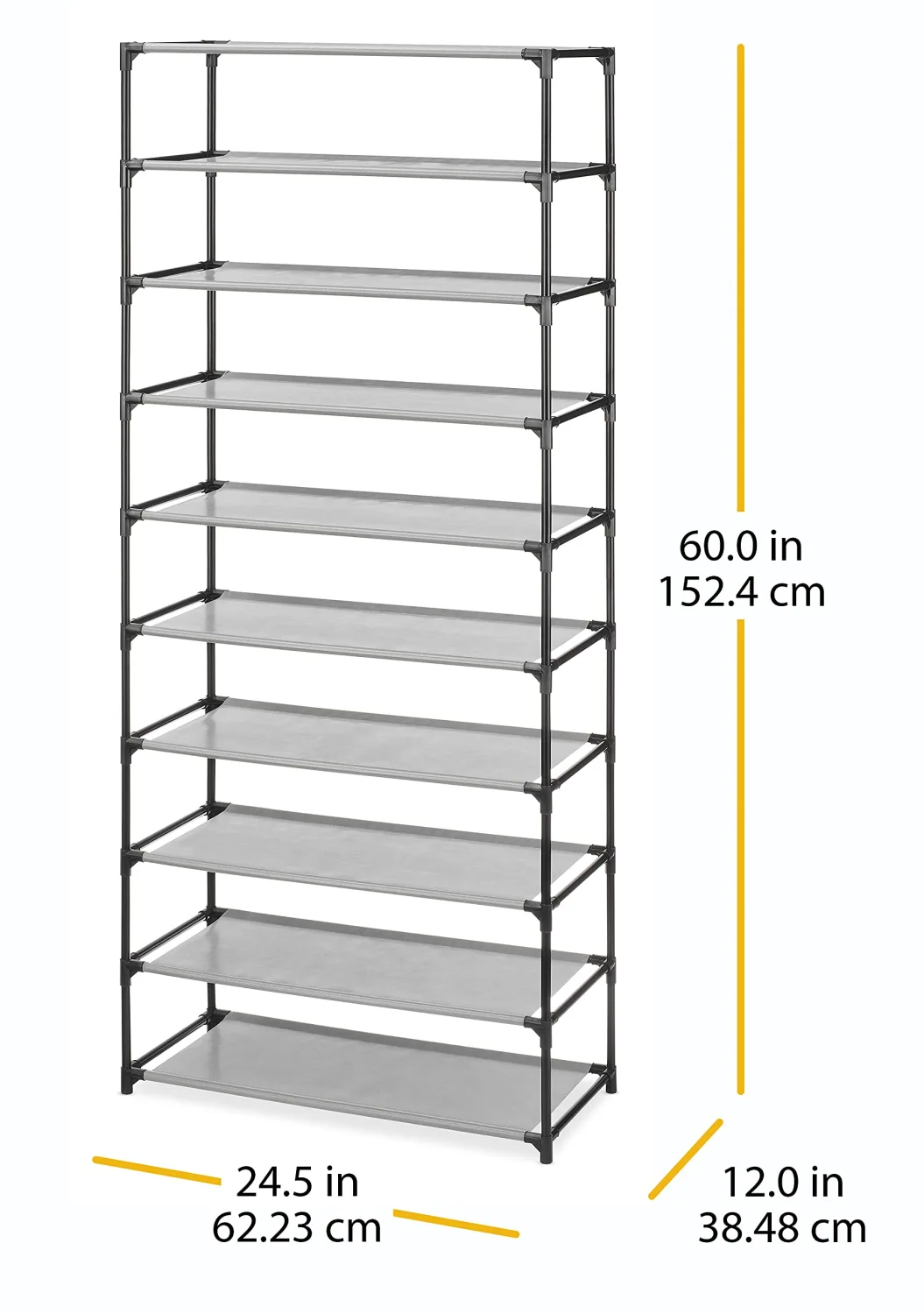 Whitmor Spacemaker 10 Tier Shoe Rack Tower, Tall Metal & Fabric Shoe Shelf Organizer for Entryway, Garage, Holds Shoes, Handbags & Accessories, 12"D×24.5"W×60"H