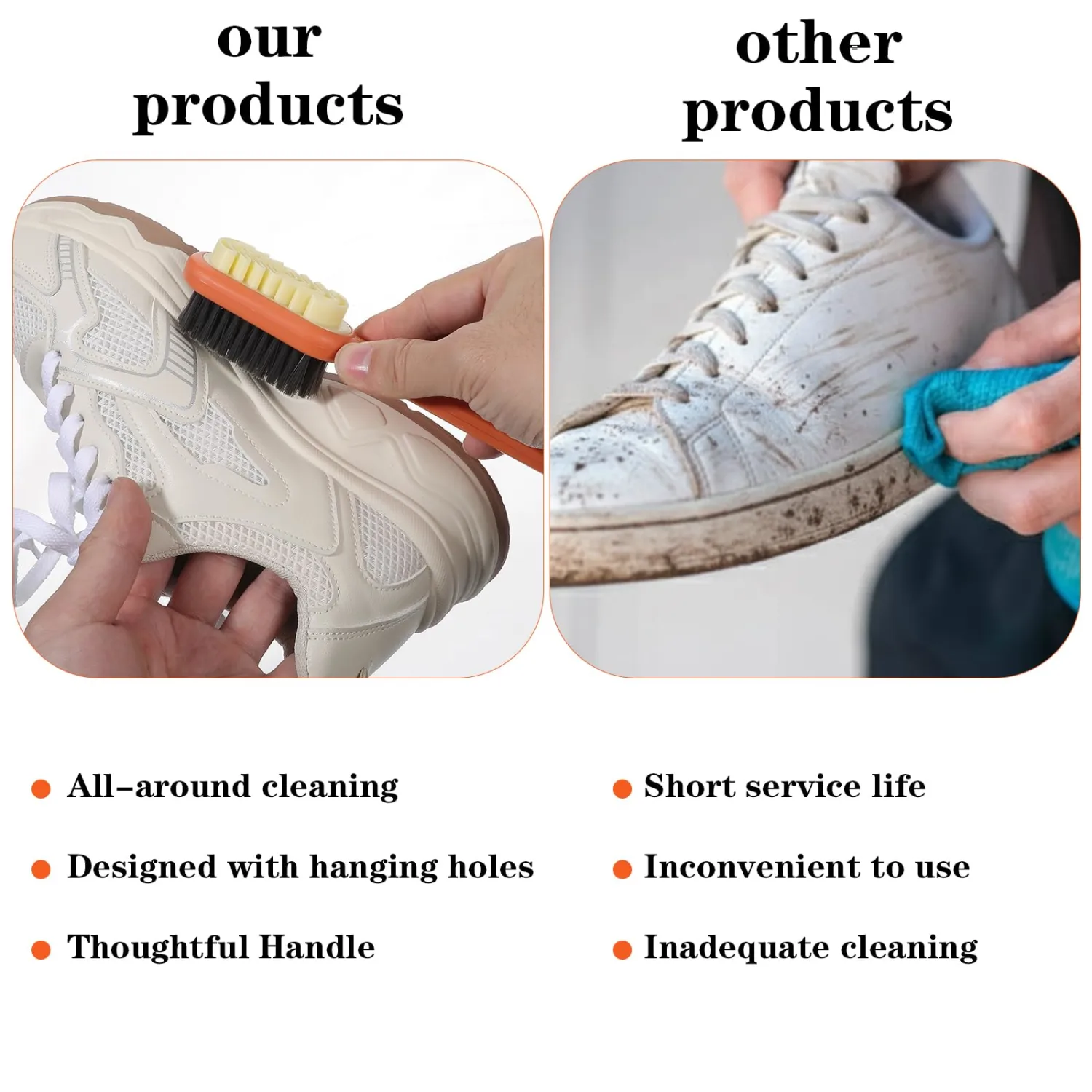 2 in 1 Multifunctional Shoe Brushes, Orange Long Handle Shoe Cleaning Tools Supplies Soft Plastic Bristles 360° Thorough Cleaning for Suede & Nubuck Cleaning