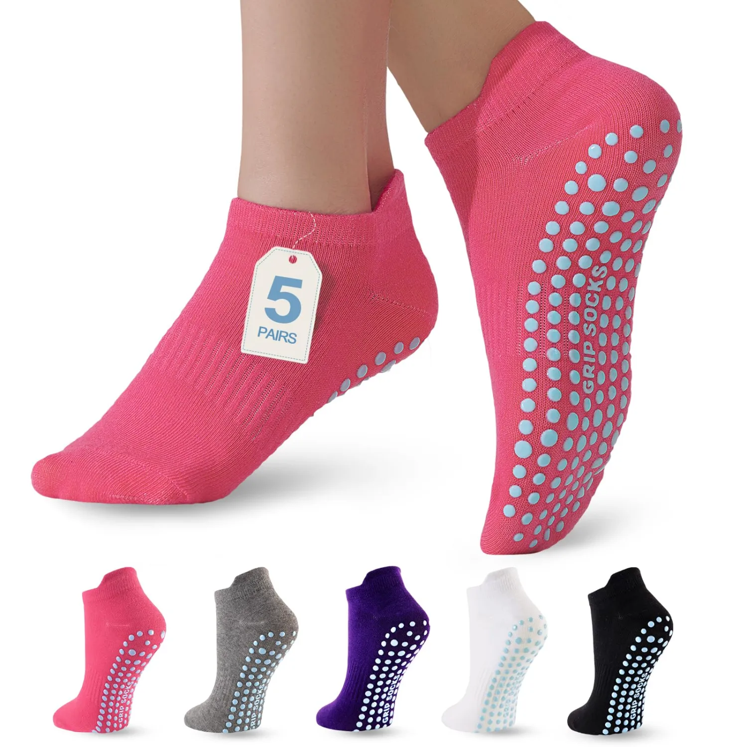 5 Pairs Pilates Socks with Grips for Women Non Slip Grip Yoga Crew Socks for Barre Hospital Barefoot Workout