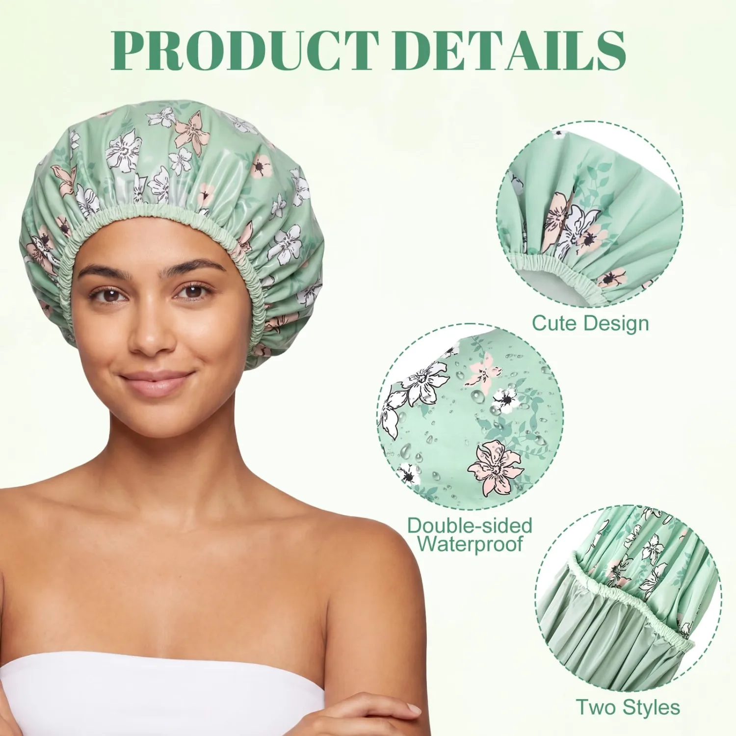 Pengxiaomei Double-Sided Shower Cap for Women, 2 in 1 Reusable Waterproof Bath Cap for Women (Small Floral)