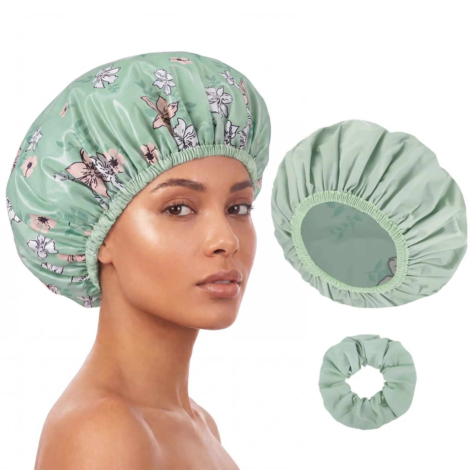 Pengxiaomei Double-Sided Shower Cap for Women, 2 in 1 Reusable Waterproof Bath Cap for Women (Small Floral)