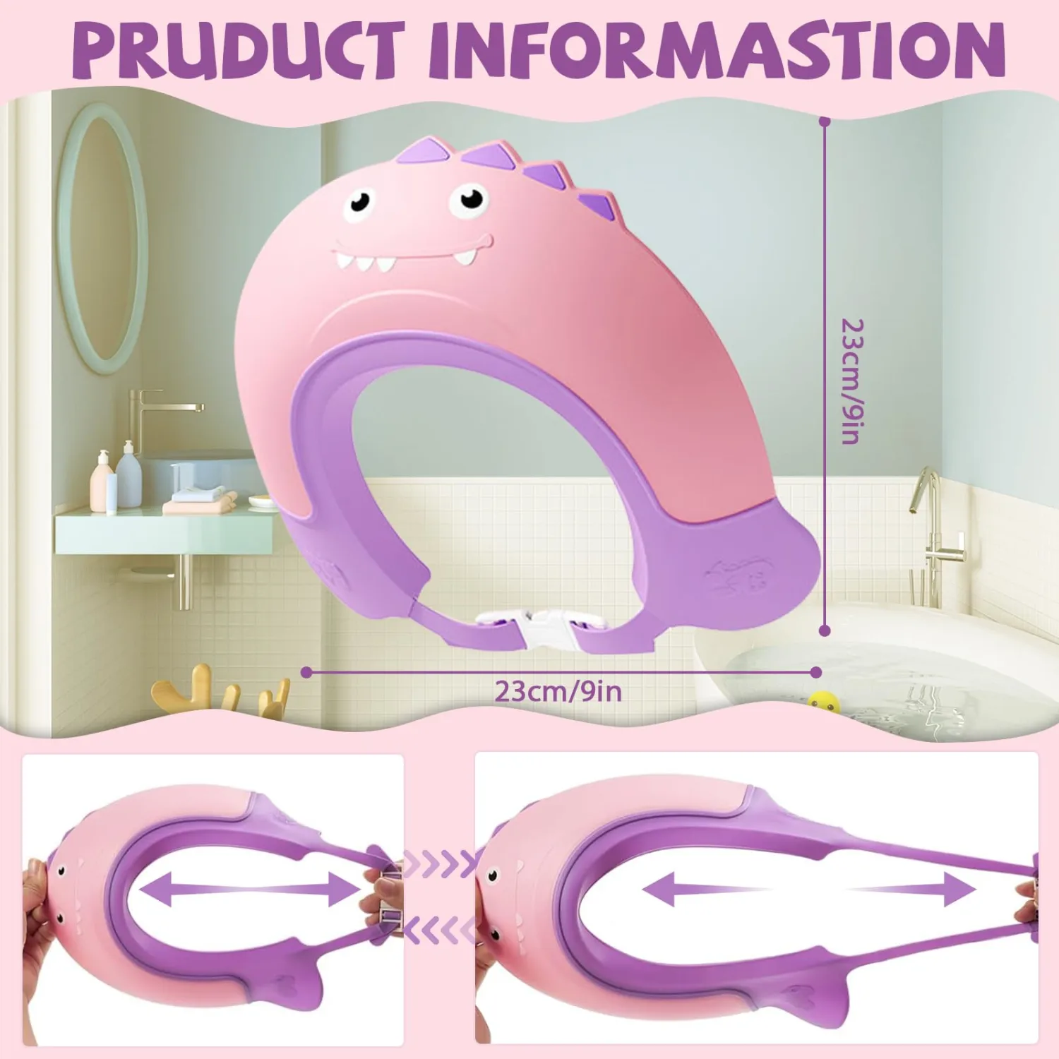 Thcbme Baby Shower Cap Shield, Shower Cap for Kids, Visor Hat for Eye and Ear Protection for 0-9 Years Old Children,Cute Dinosaur shape Makes the Baby Bath More Fun… (Pink)