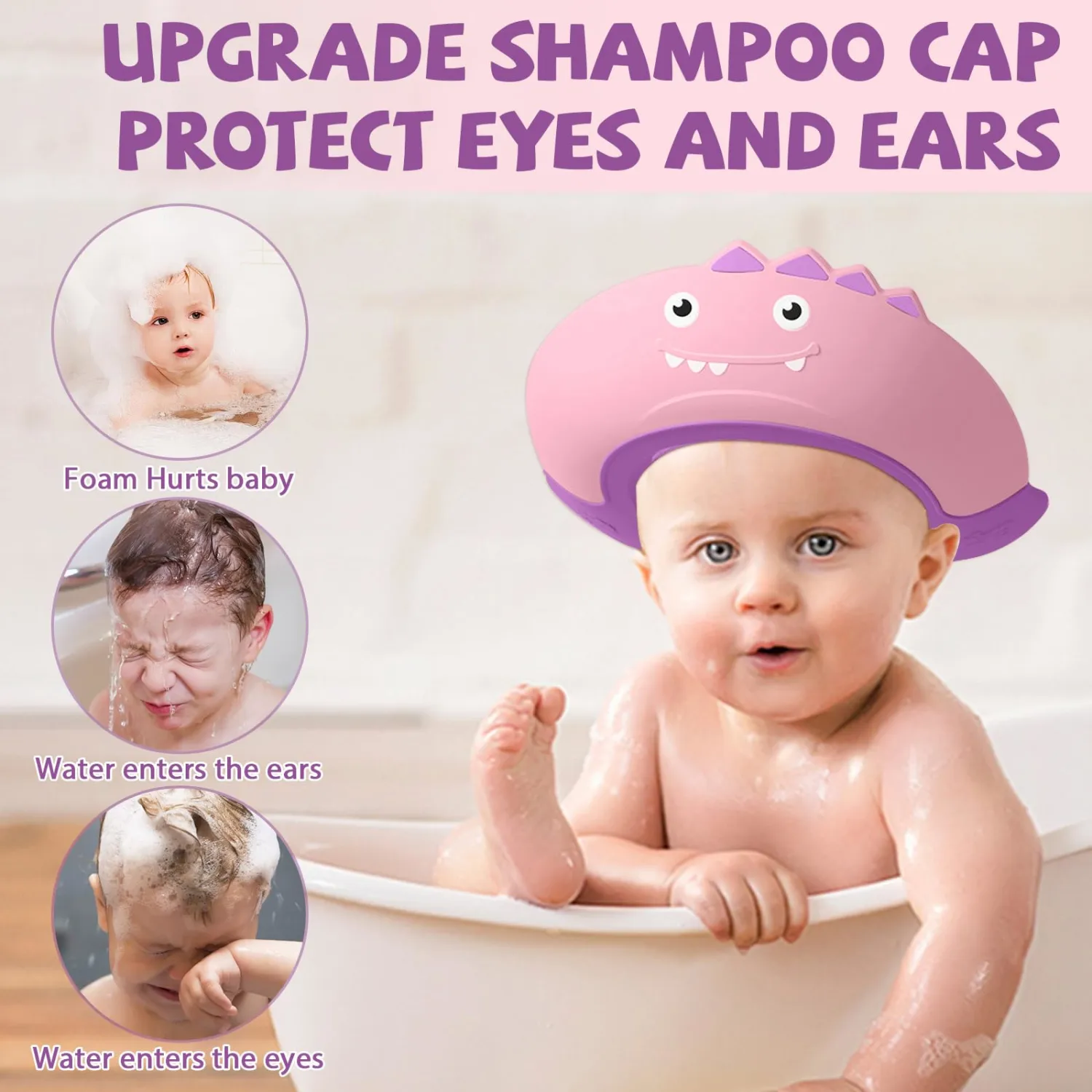 Thcbme Baby Shower Cap Shield, Shower Cap for Kids, Visor Hat for Eye and Ear Protection for 0-9 Years Old Children,Cute Dinosaur shape Makes the Baby Bath More Fun… (Pink)