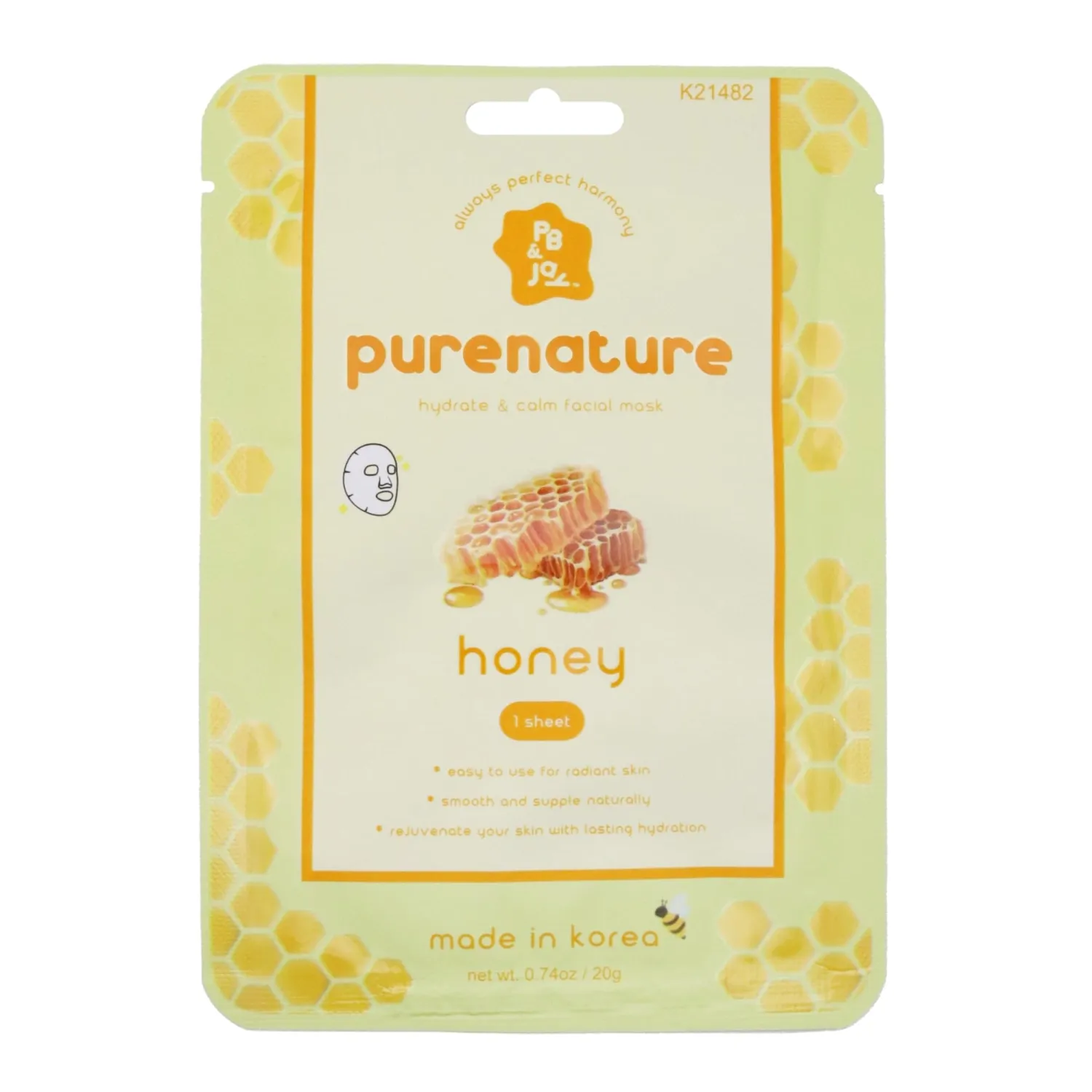 PB & JAY Purenature Honey Collagen Sheet Mask — Korean Face Mask with Ceramide + Hyaluronic Acid for Hydration, Antioxidant Protection & Moisture Retention (1 Count)