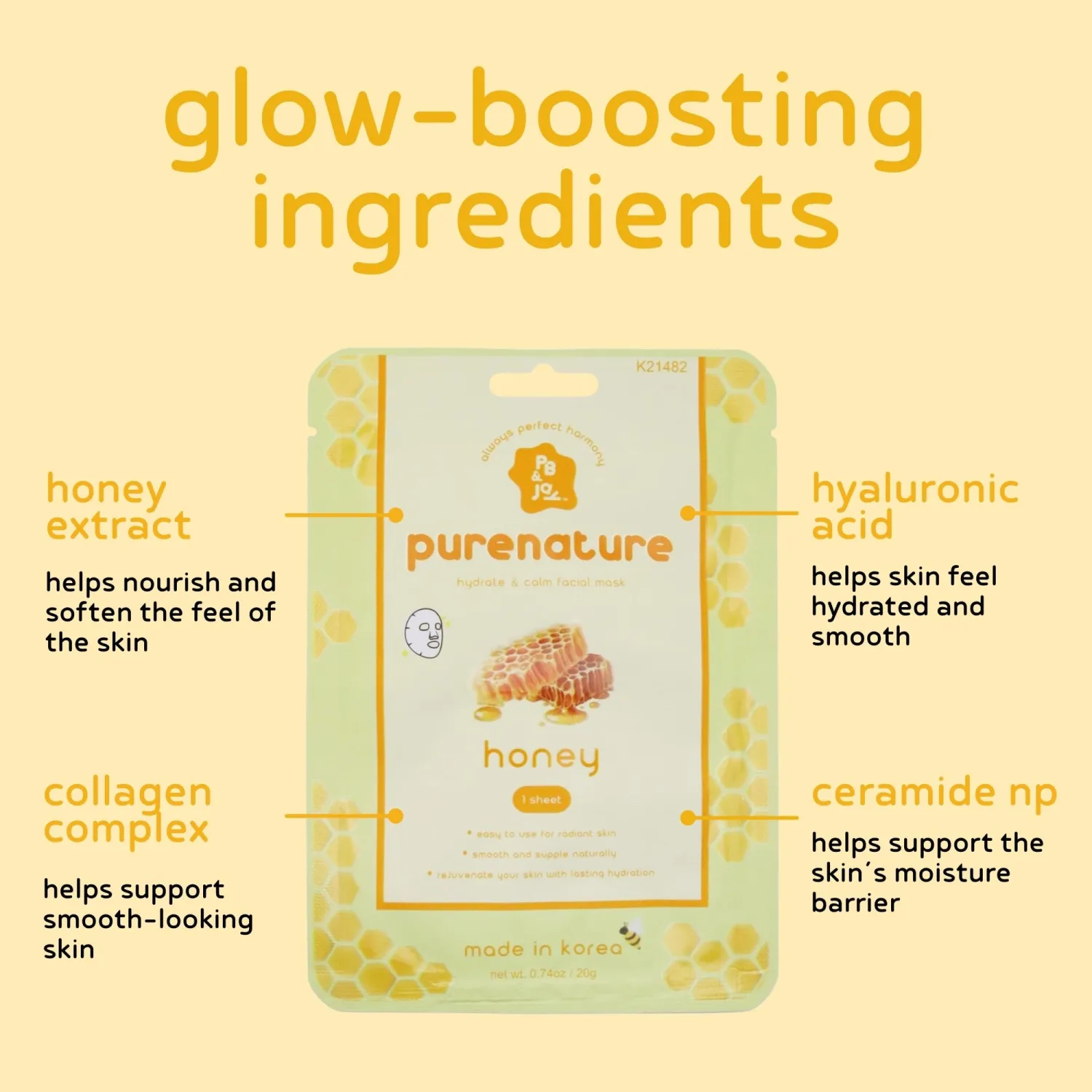 PB & JAY Purenature Honey Collagen Sheet Mask — Korean Face Mask with Ceramide + Hyaluronic Acid for Hydration, Antioxidant Protection & Moisture Retention (1 Count)