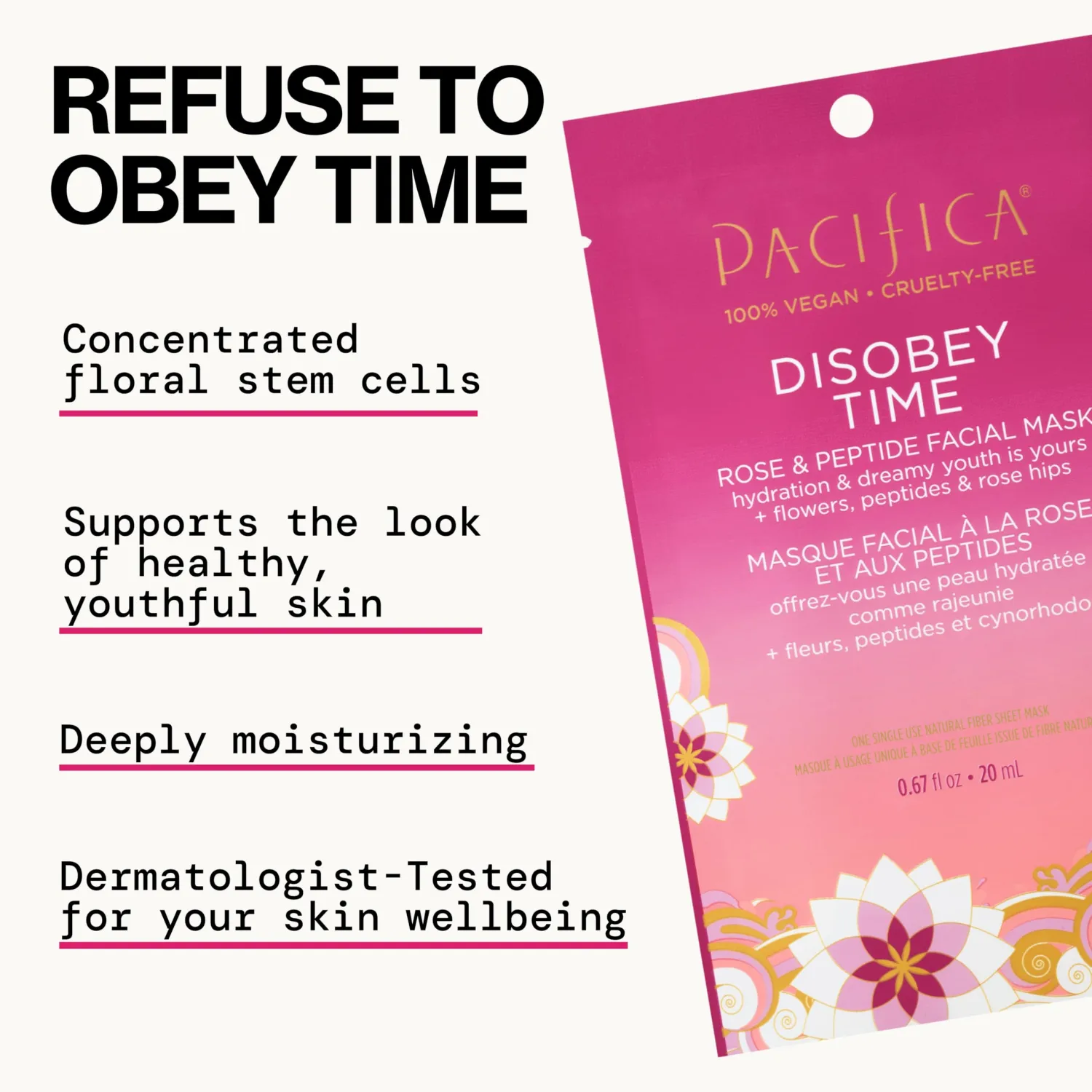 Pacifica Disobey Time Rose & Peptide Facial Sheet Mask Hydrating Anti-Aging Mask for Fine Lines & Dry Skin Infused w/Hyaluronic Acid & Chamomile Clean Beauty Vegan & Cruelty-Free Dermatologist Tested