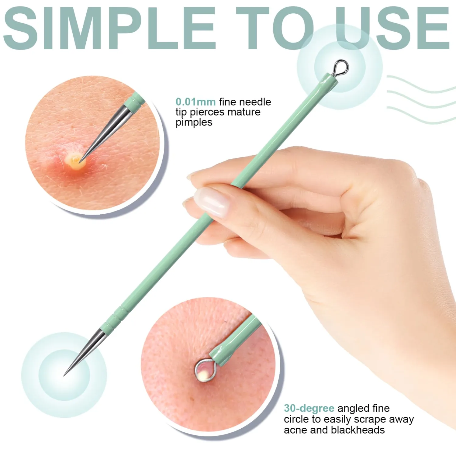 Teenitor Pimple Extractor Acne Treatment Surgical Grade Blackhead Comedone Removal 2-in-1 Popper Tool for Face Nose (Green)