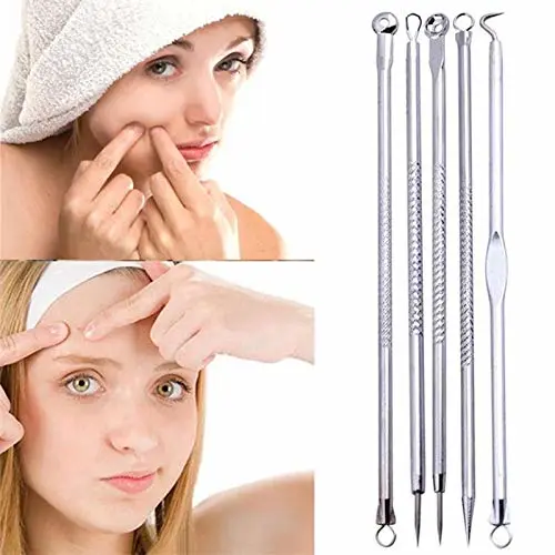 Acne Extractor Set - 5 Pcs Pimple Blemish Comedone Remover Tool Set - Stainless Steel, Silver