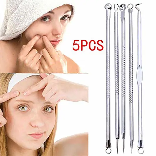 Acne Extractor Set - 5 Pcs Pimple Blemish Comedone Remover Tool Set - Stainless Steel, Silver