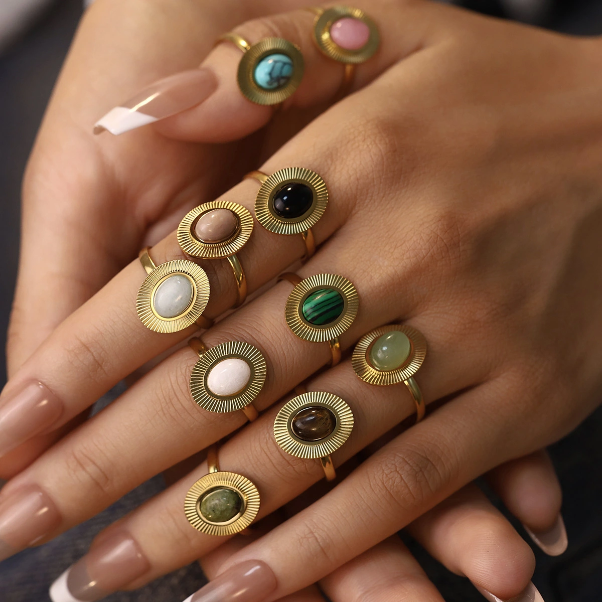 Retro-style Oval Natural Stone Ring With Adjustable Open Design