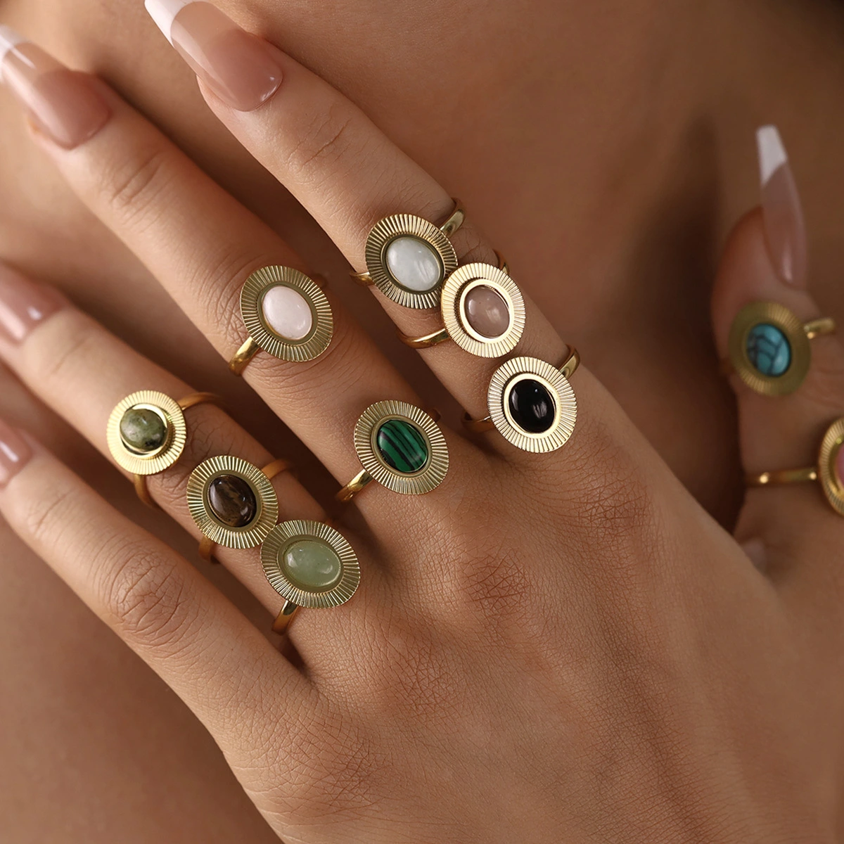 Retro-style Oval Natural Stone Ring With Adjustable Open Design