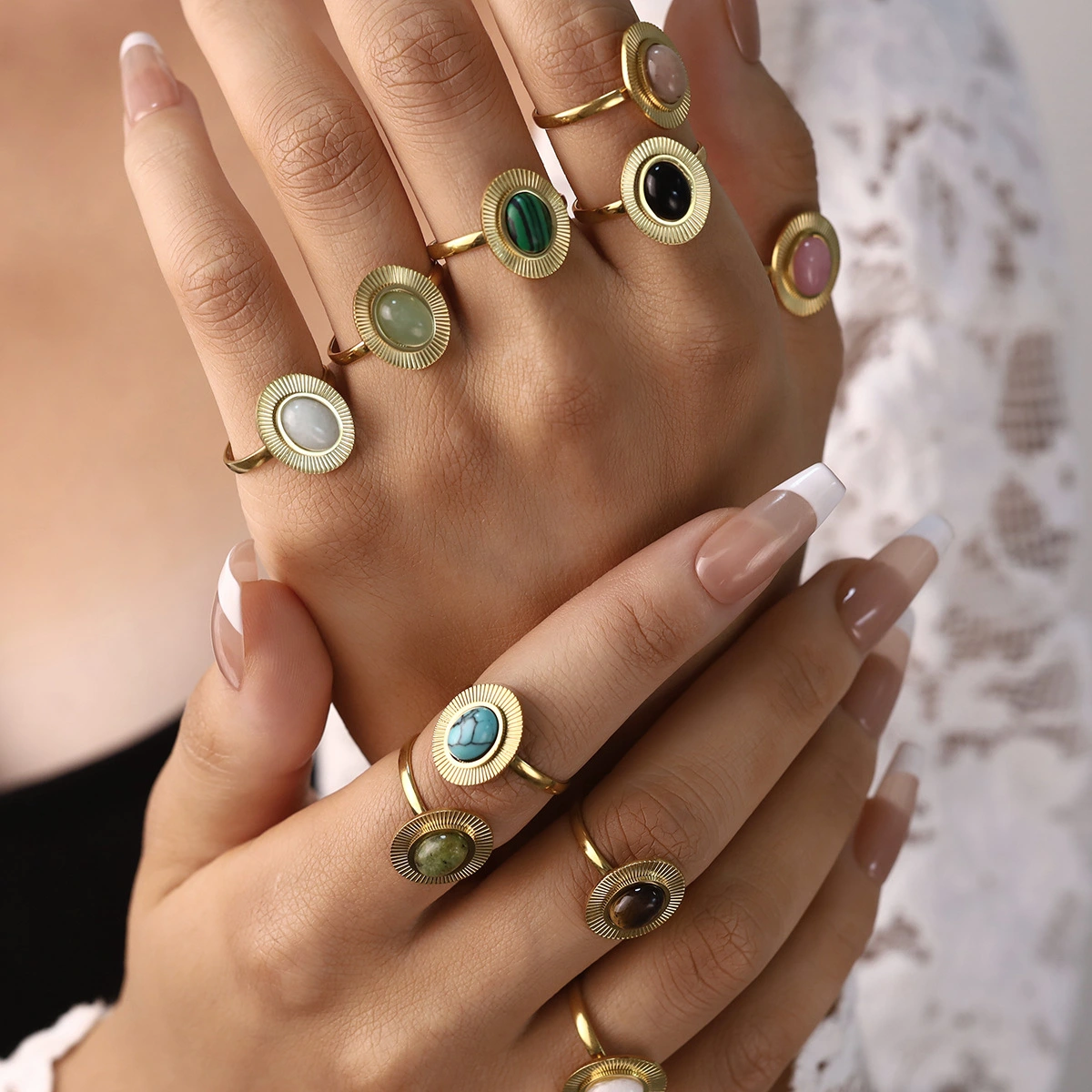 Retro-style Oval Natural Stone Ring With Adjustable Open Design